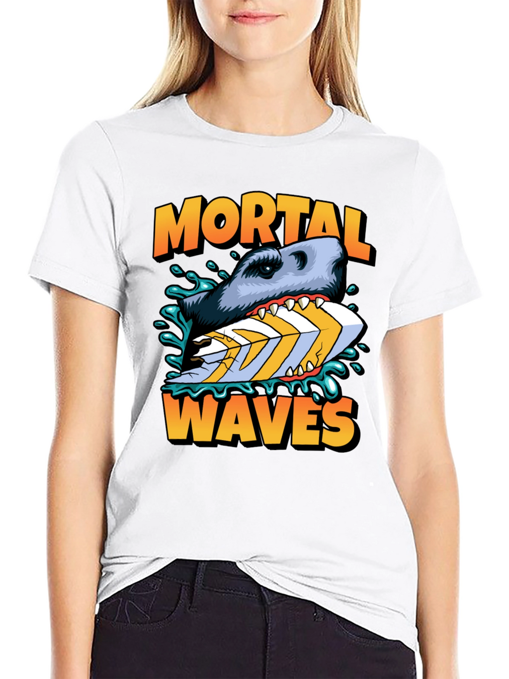 Mortal Waves Shark Surfboard Graphic Tee