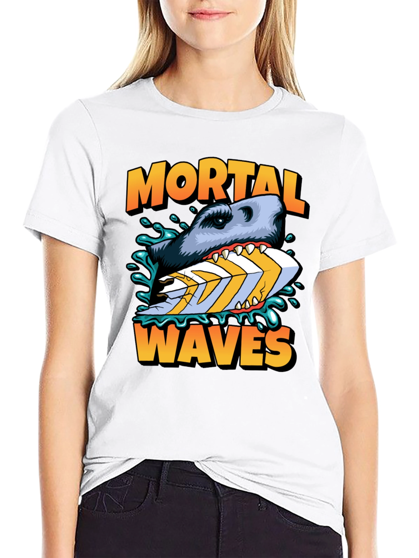 Mortal Waves Shark Surfboard Graphic Tee