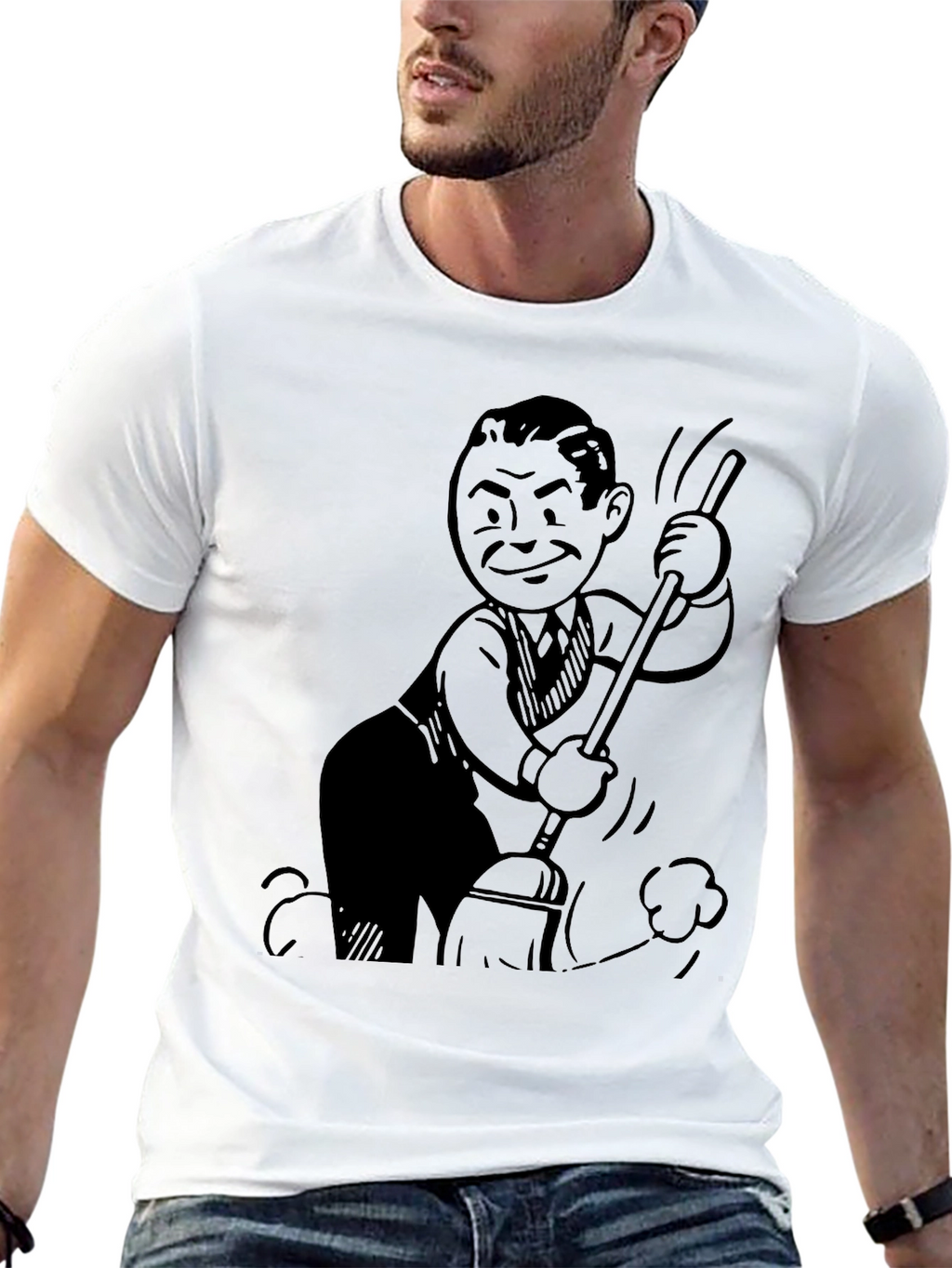 Retro Cartoon Sweeping Black T-Shirt