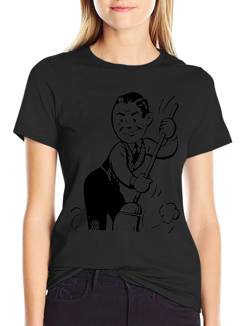 Retro Cartoon Sweeping Black T-Shirt
