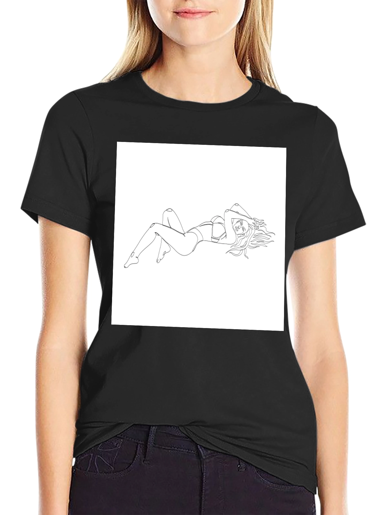 Line Art Woman Graphic Tee - Black