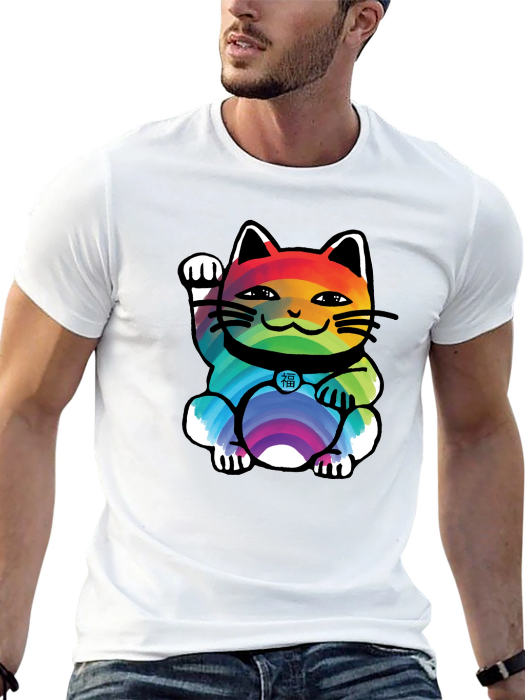 Lucky Rainbow Cat T-Shirt - Unisex Black Tee