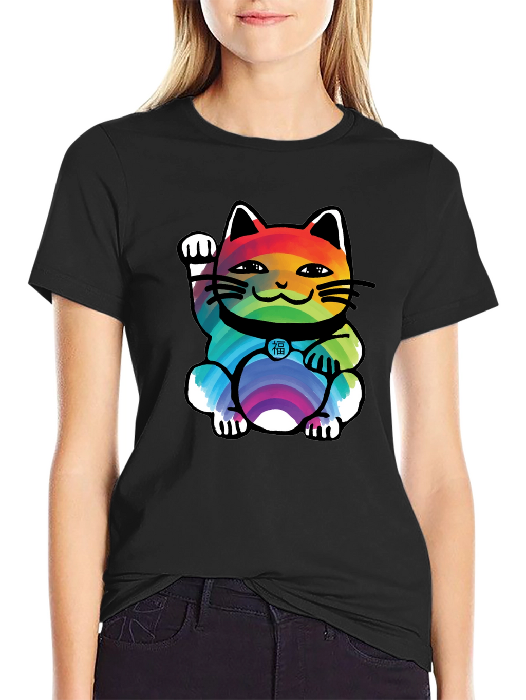 Lucky Rainbow Cat T-Shirt - Unisex Black Tee