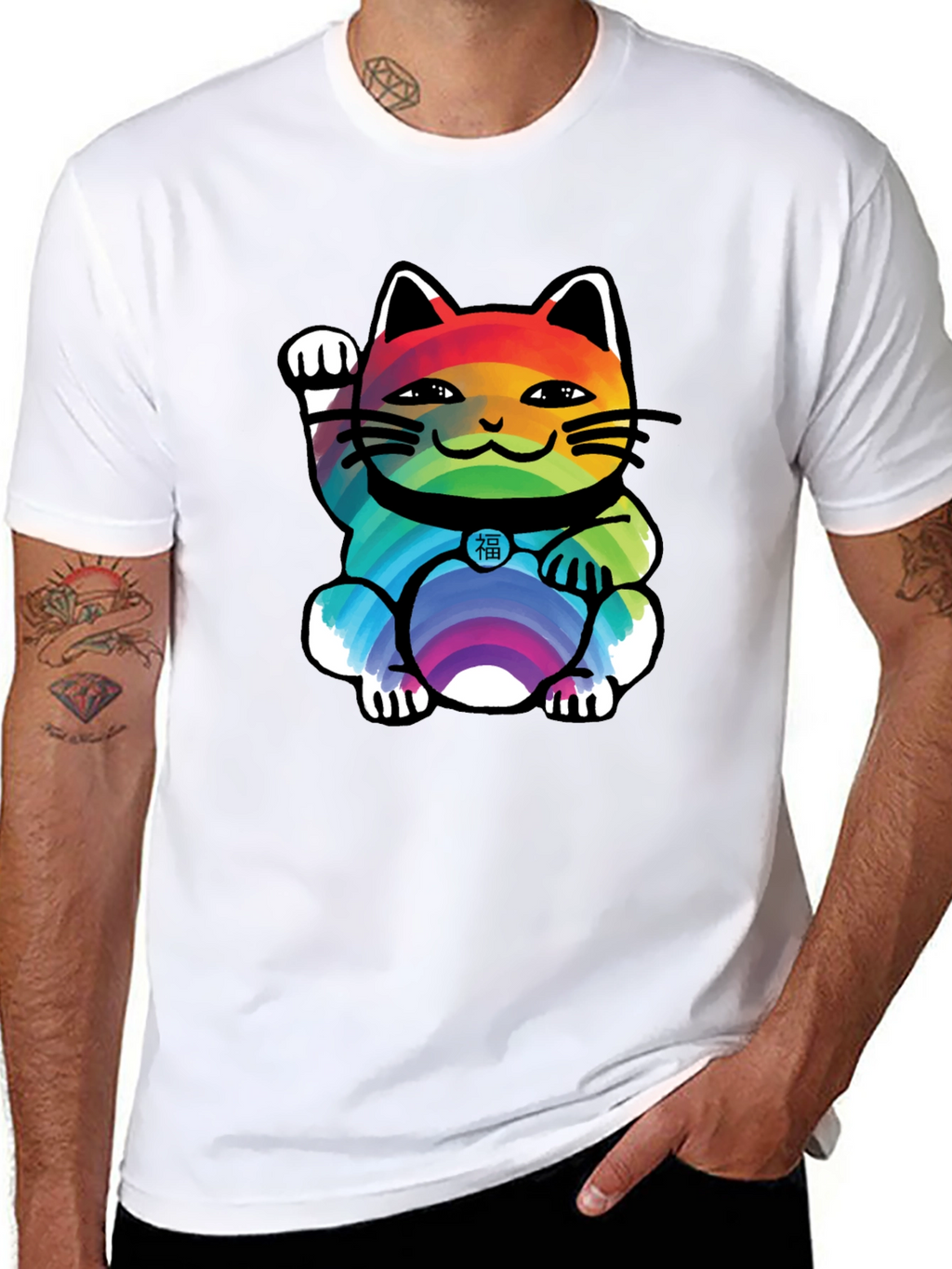 Lucky Rainbow Cat T-Shirt - Unisex Black Tee