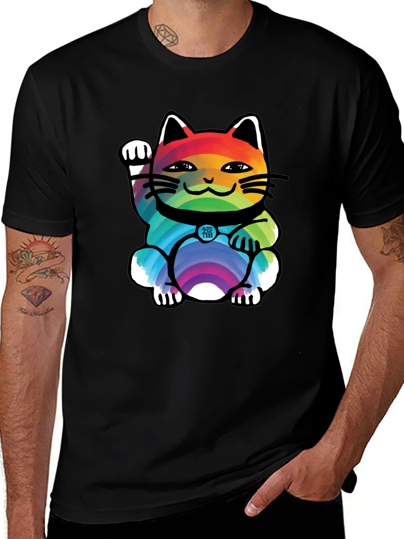 Lucky Rainbow Cat T-Shirt - Unisex Black Tee