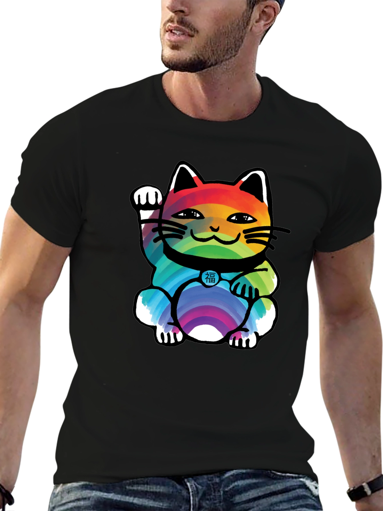 Lucky Rainbow Cat T-Shirt - Unisex Black Tee