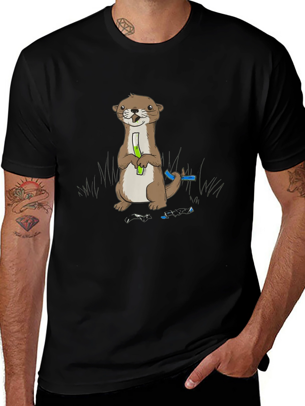 Cute Otter Holding Test Tube Black T-Shirt