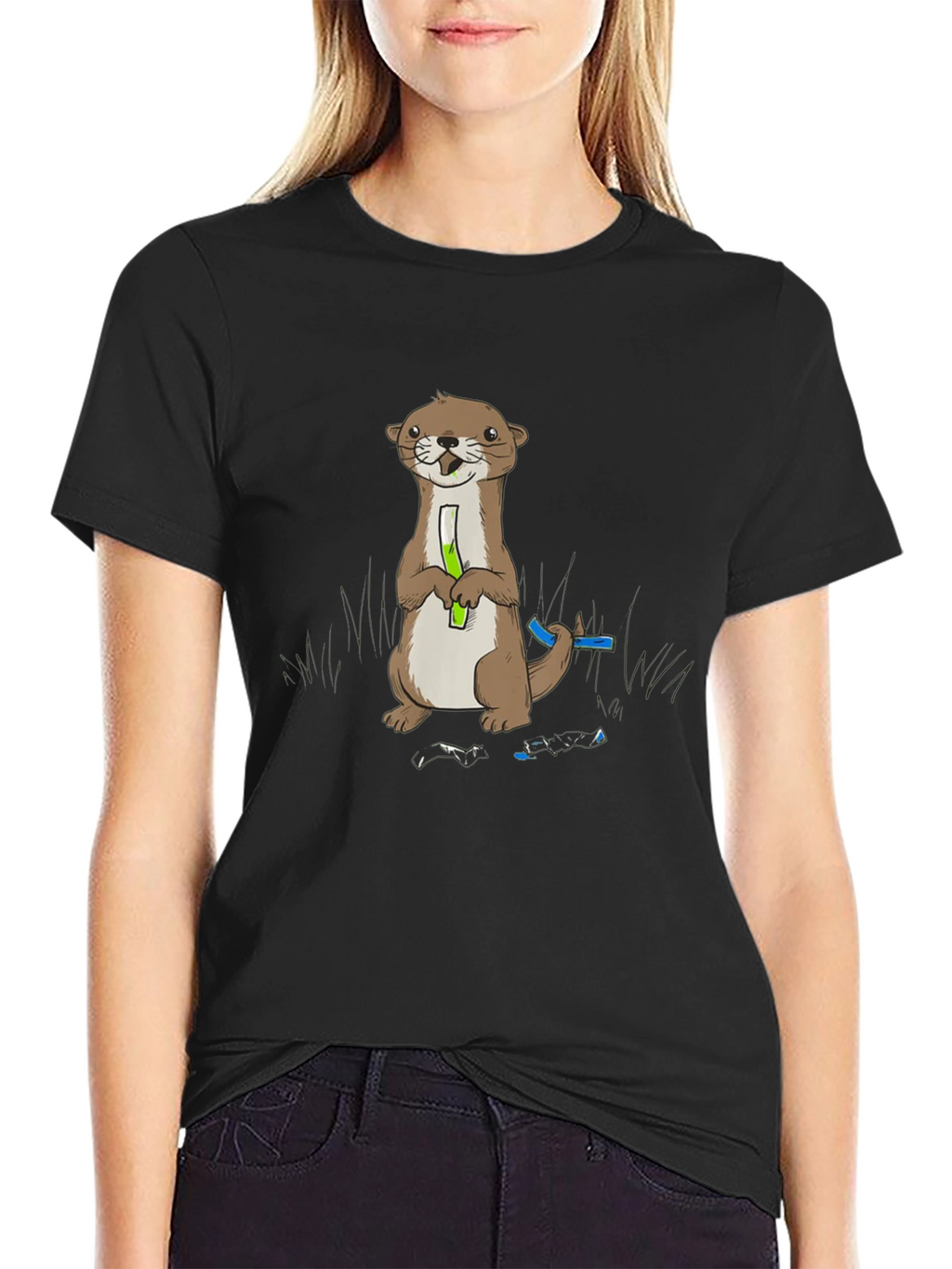 Cute Otter Holding Test Tube Black T-Shirt