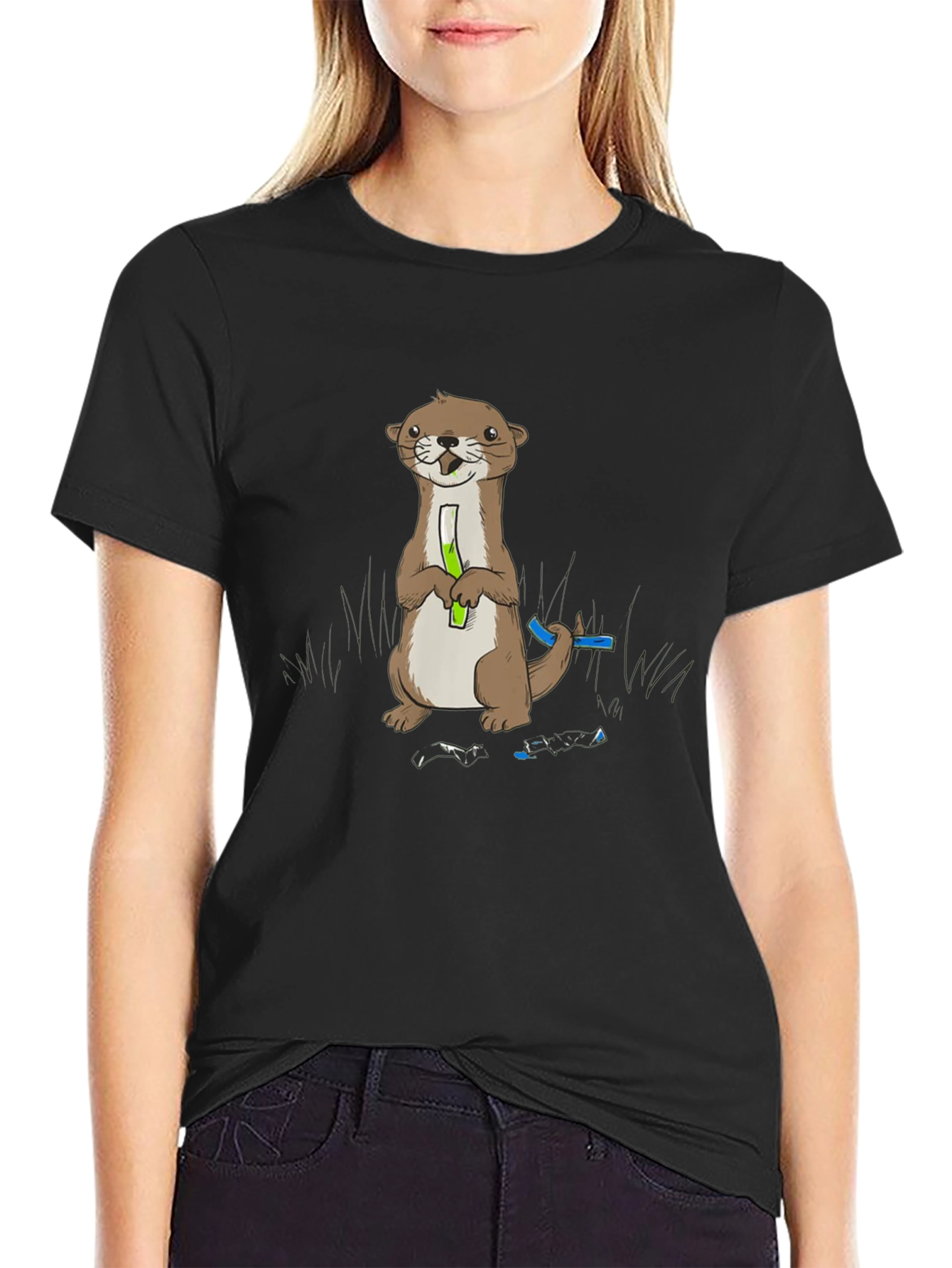 Cute Otter Holding Test Tube Black T-Shirt