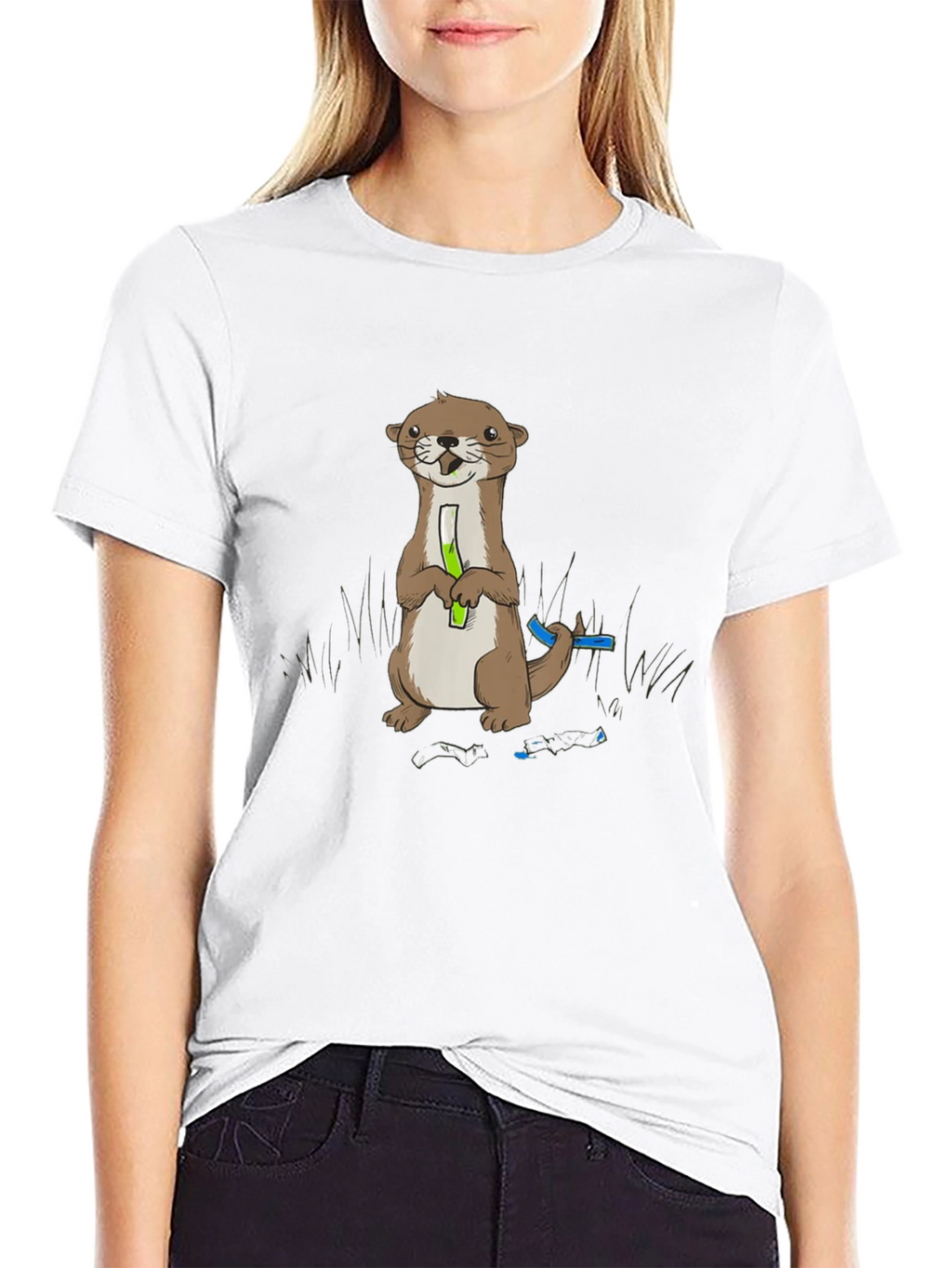 Cute Otter Holding Test Tube Black T-Shirt