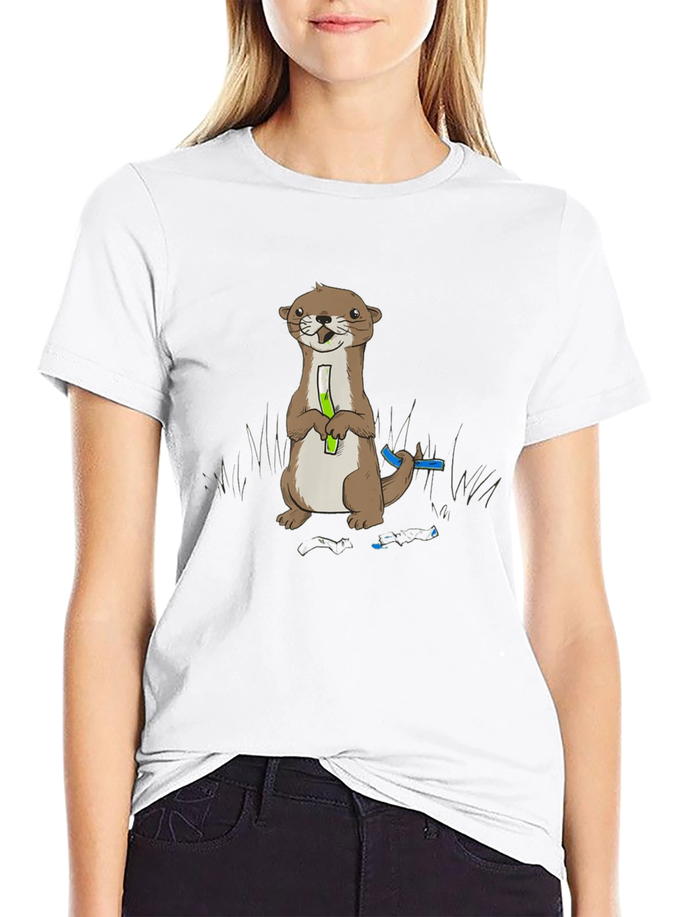Cute Otter Holding Test Tube Black T-Shirt