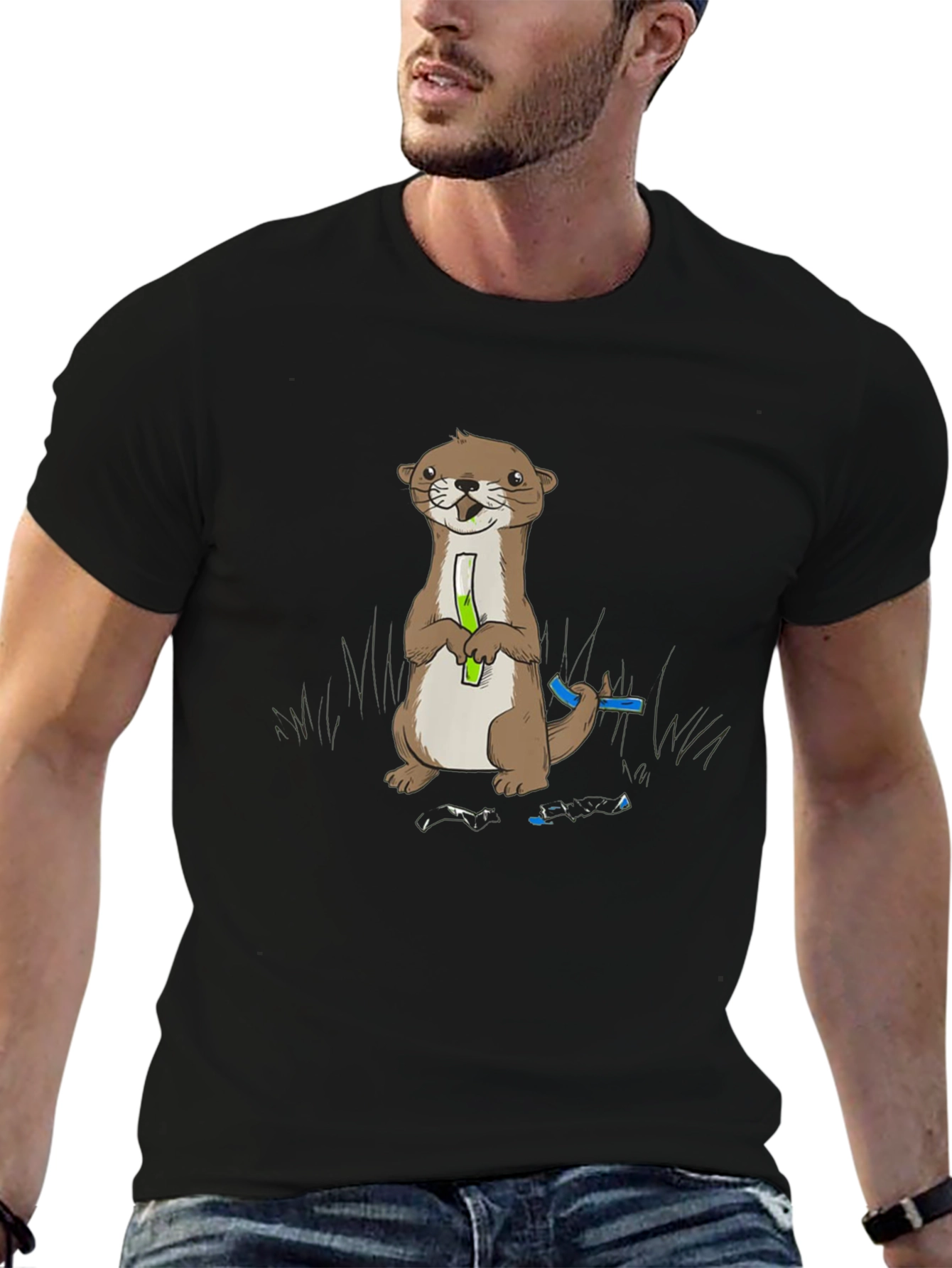 Cute Otter Holding Test Tube Black T-Shirt