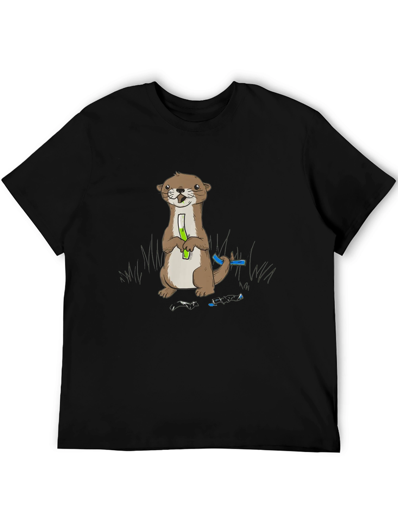 Cute Otter Holding Test Tube Black T-Shirt