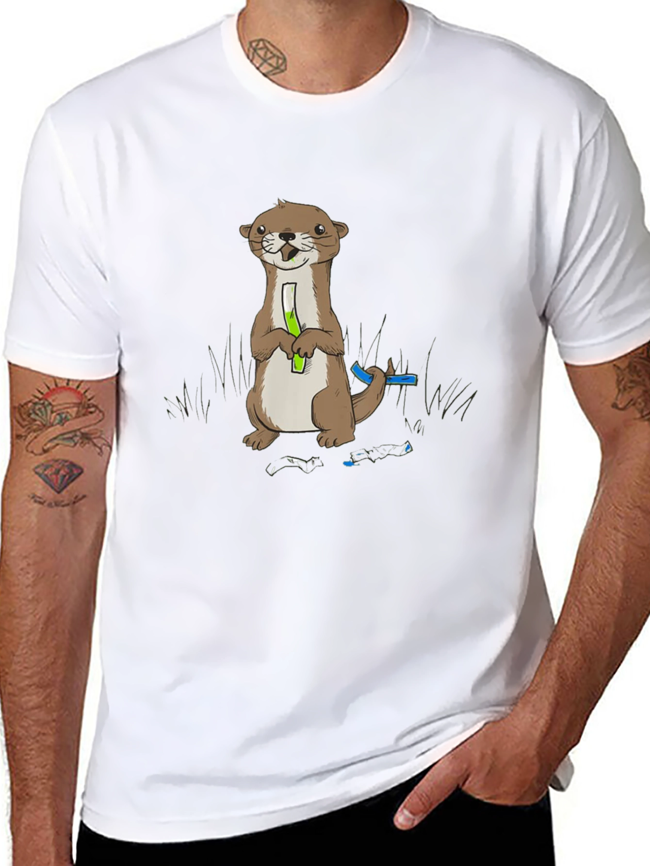 Cute Otter Holding Test Tube Black T-Shirt