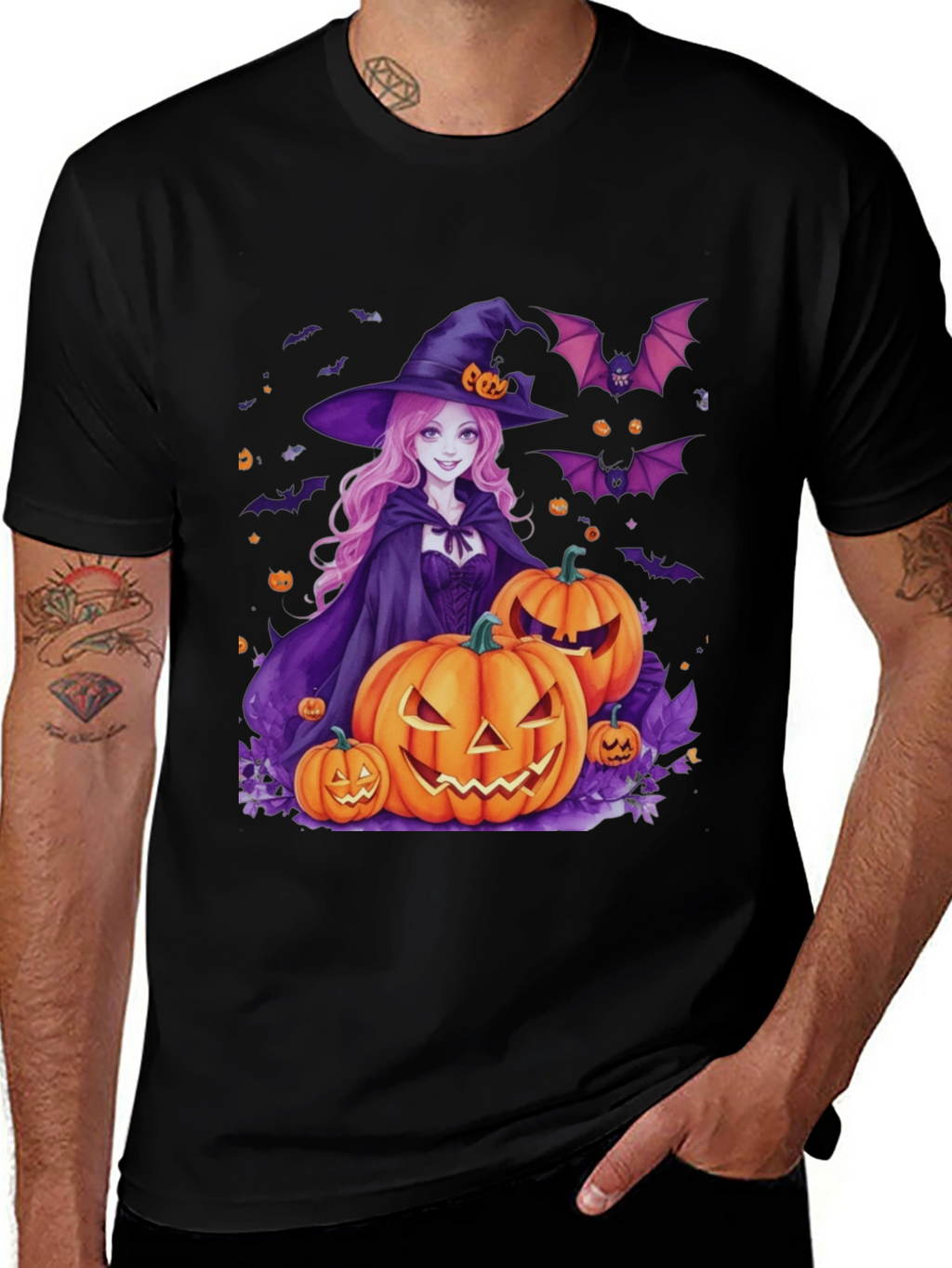 Halloween Witch & Pumpkins Black T-Shirt