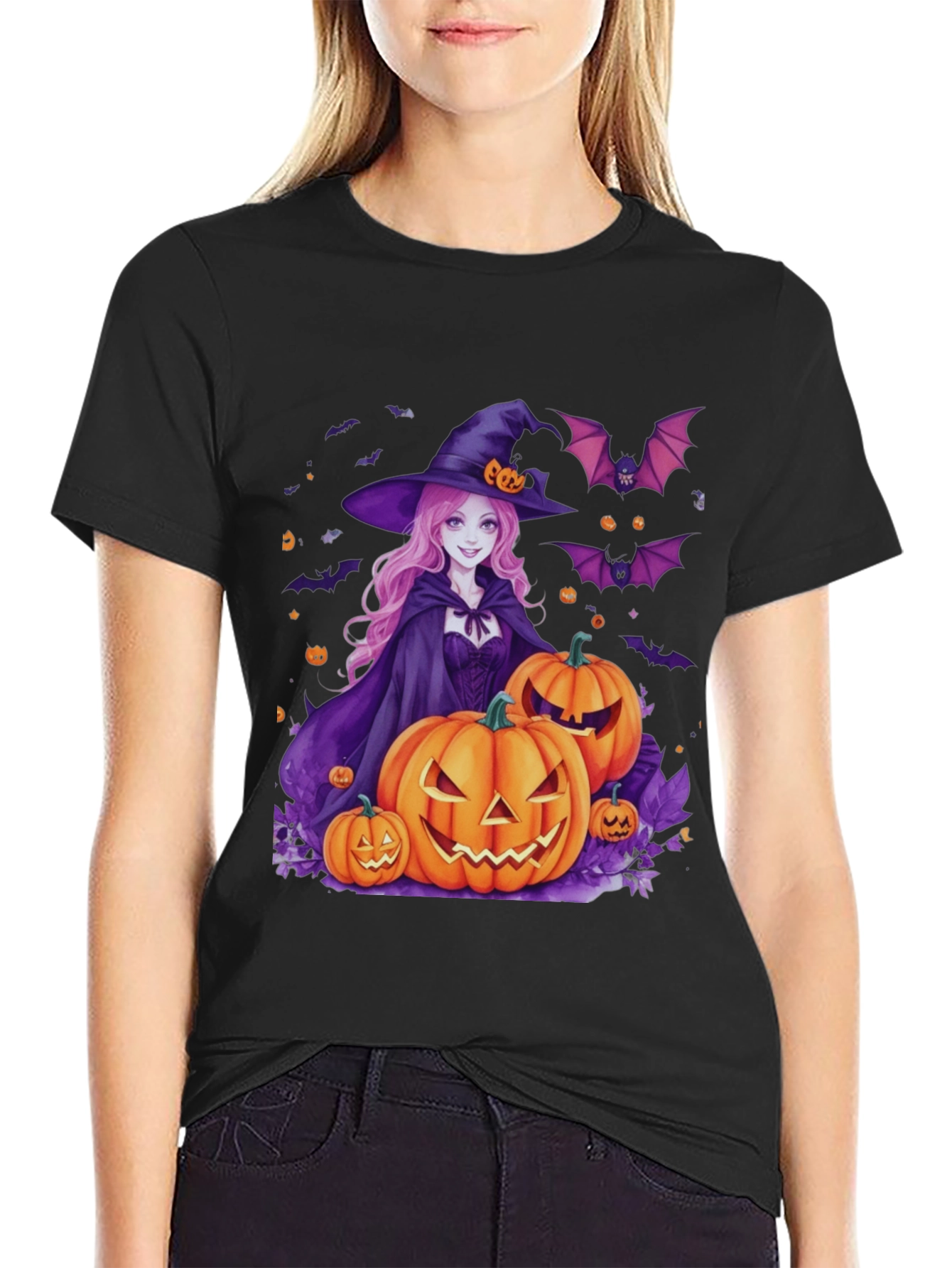 Halloween Witch & Pumpkins Black T-Shirt