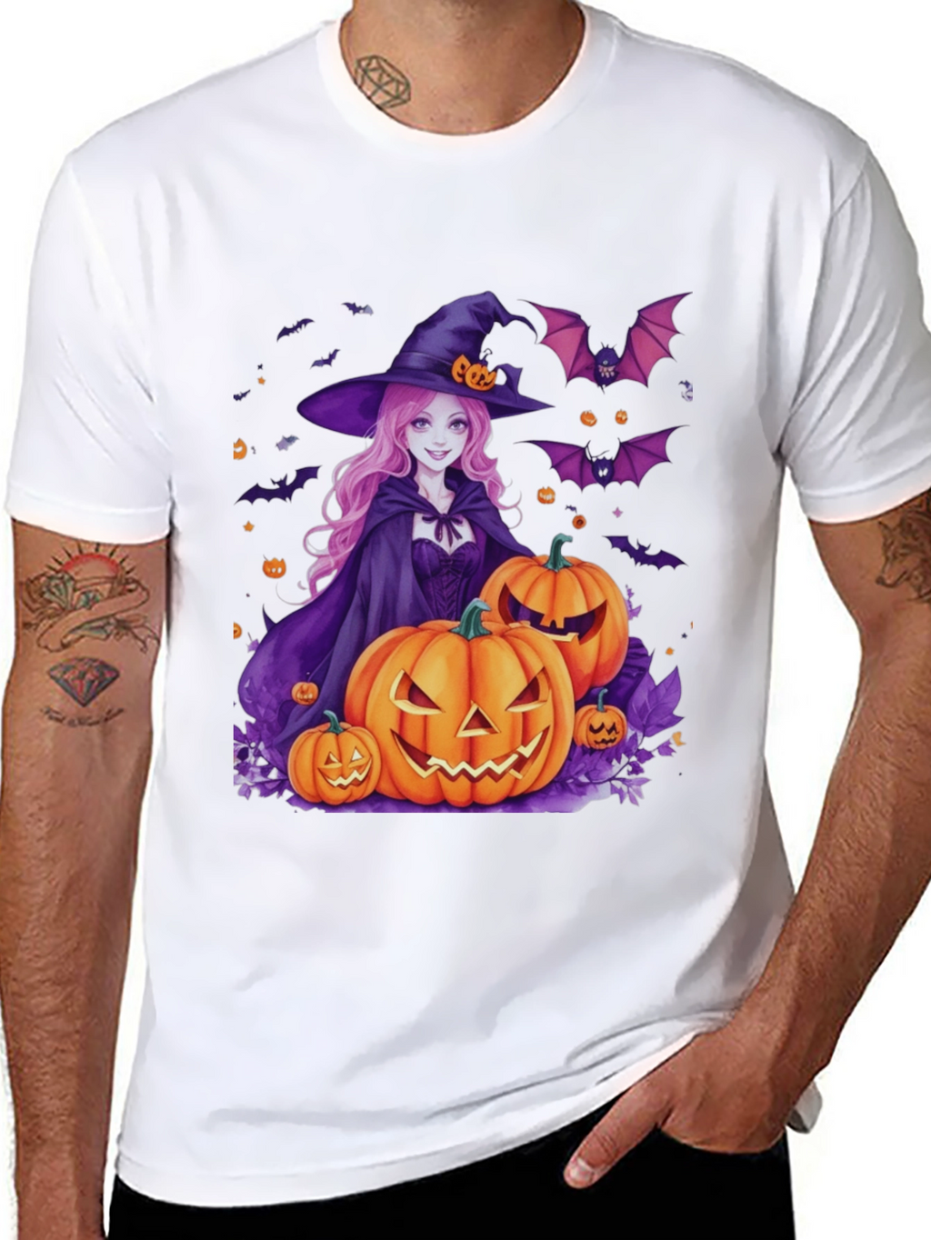 Halloween Witch & Pumpkins Black T-Shirt