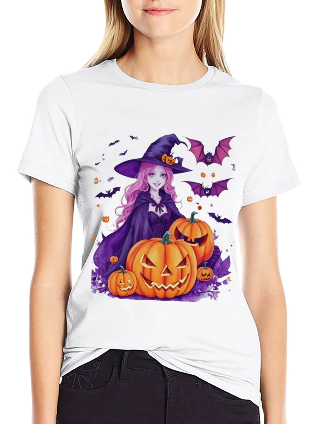 Halloween Witch & Pumpkins Black T-Shirt