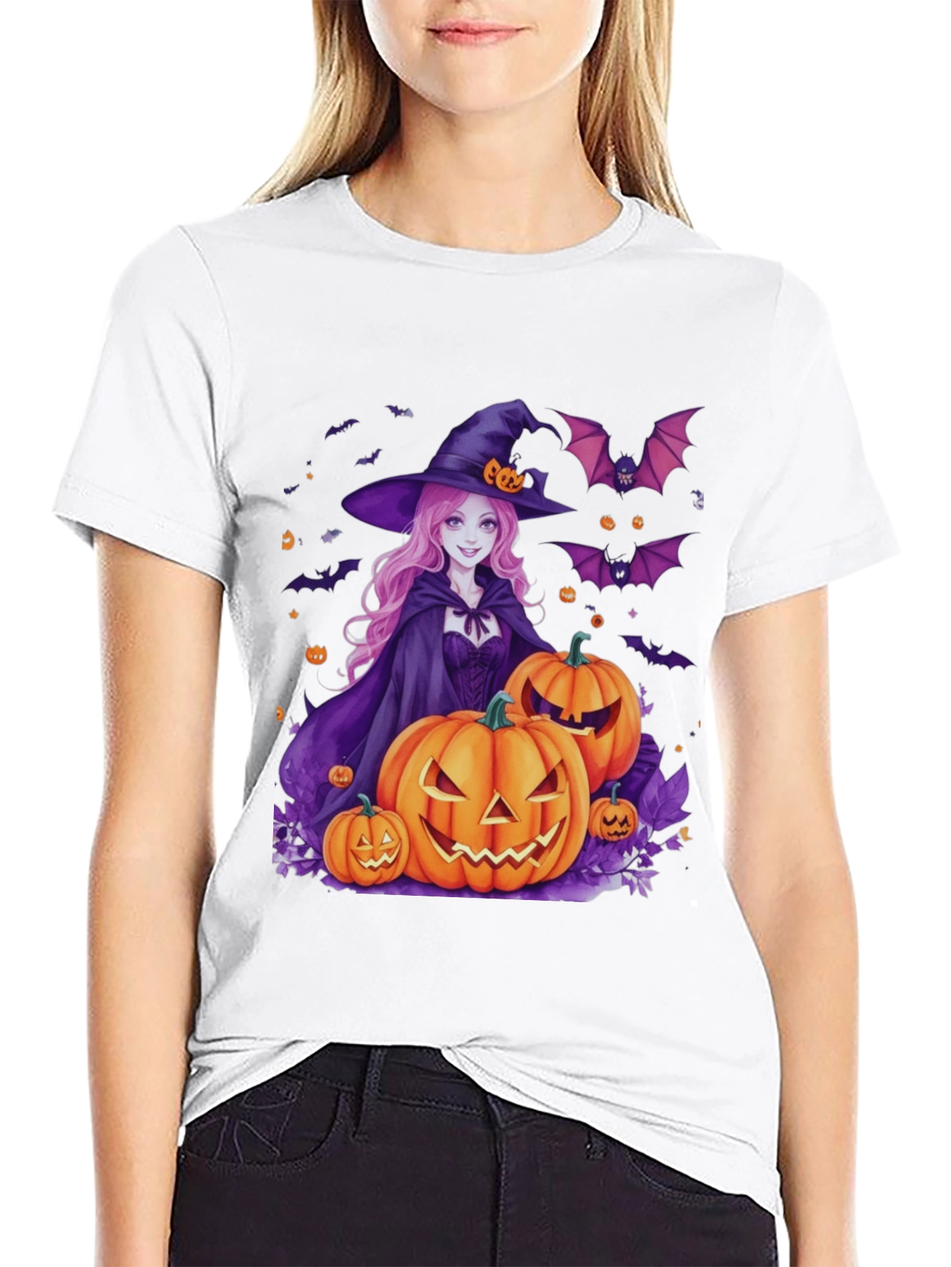 Halloween Witch & Pumpkins Black T-Shirt