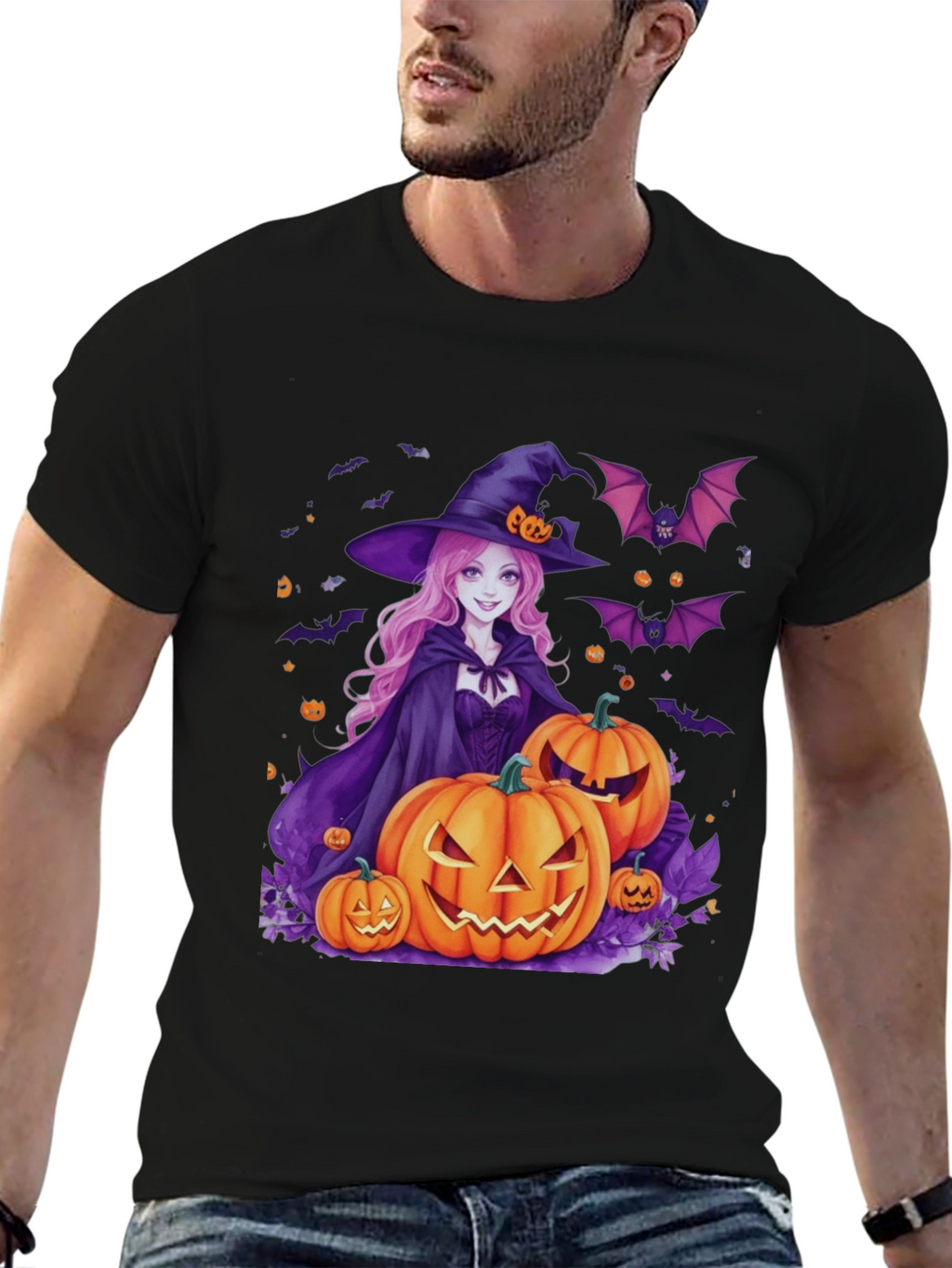 Halloween Witch & Pumpkins Black T-Shirt