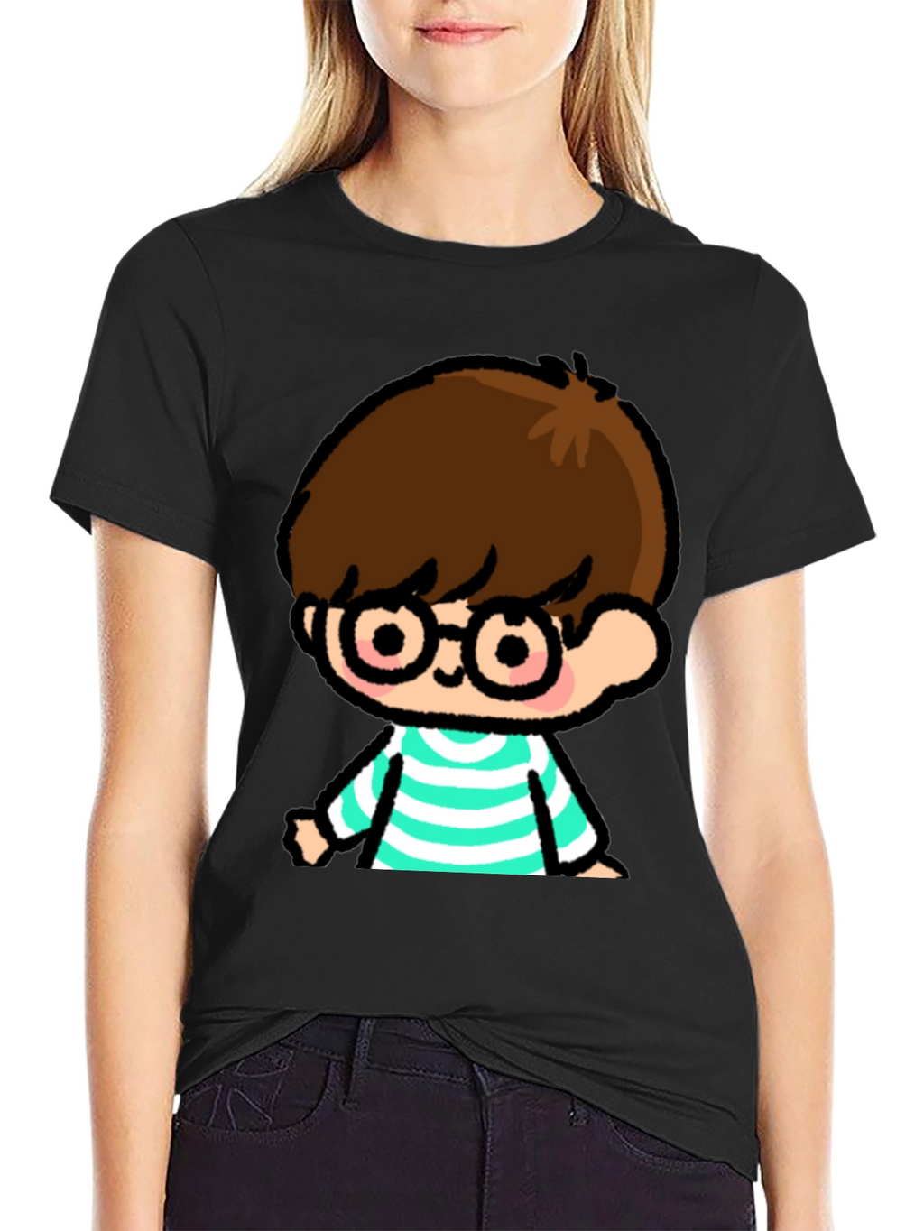 Cartoon Boy Graphic Tee - Casual Black T-Shirt