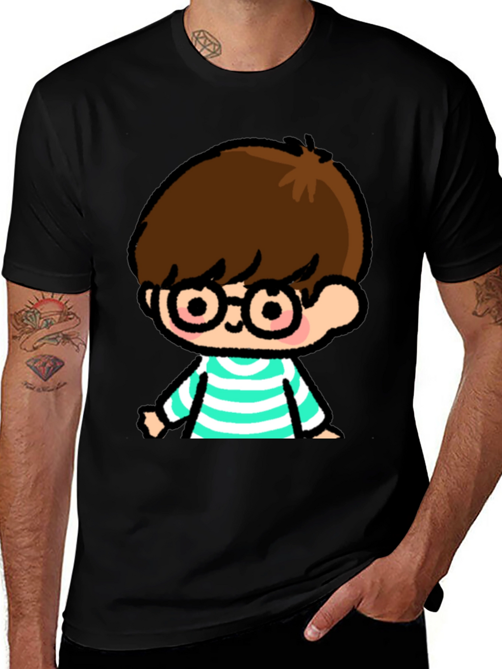 Cartoon Boy Graphic Tee - Casual Black T-Shirt