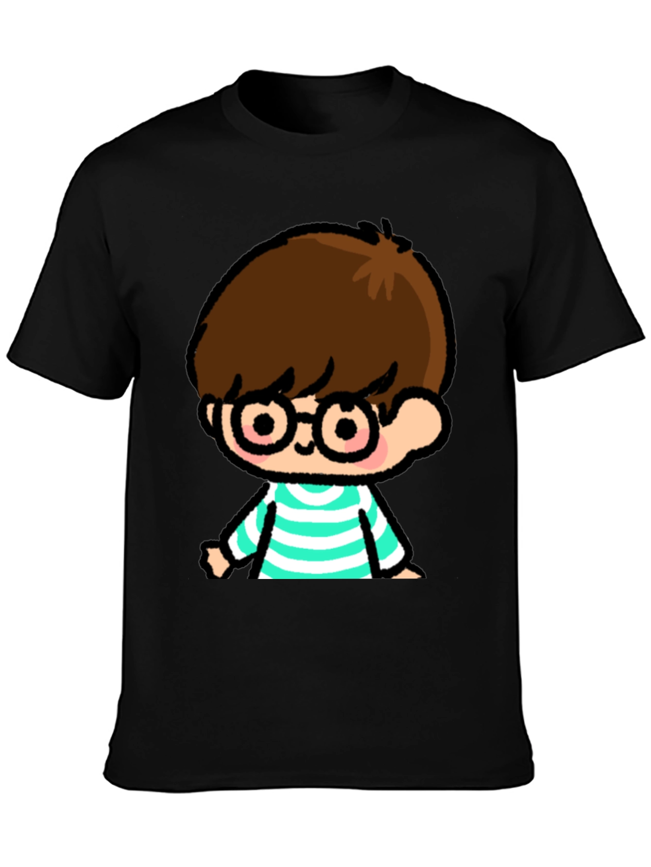 Cartoon Boy Graphic Tee - Casual Black T-Shirt