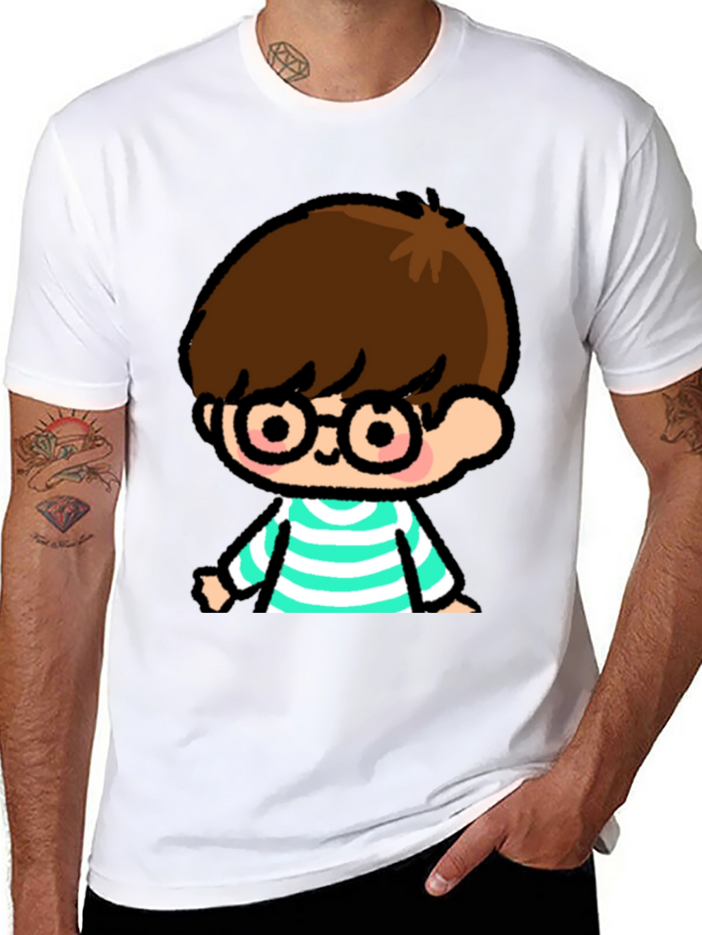 Cartoon Boy Graphic Tee - Casual Black T-Shirt