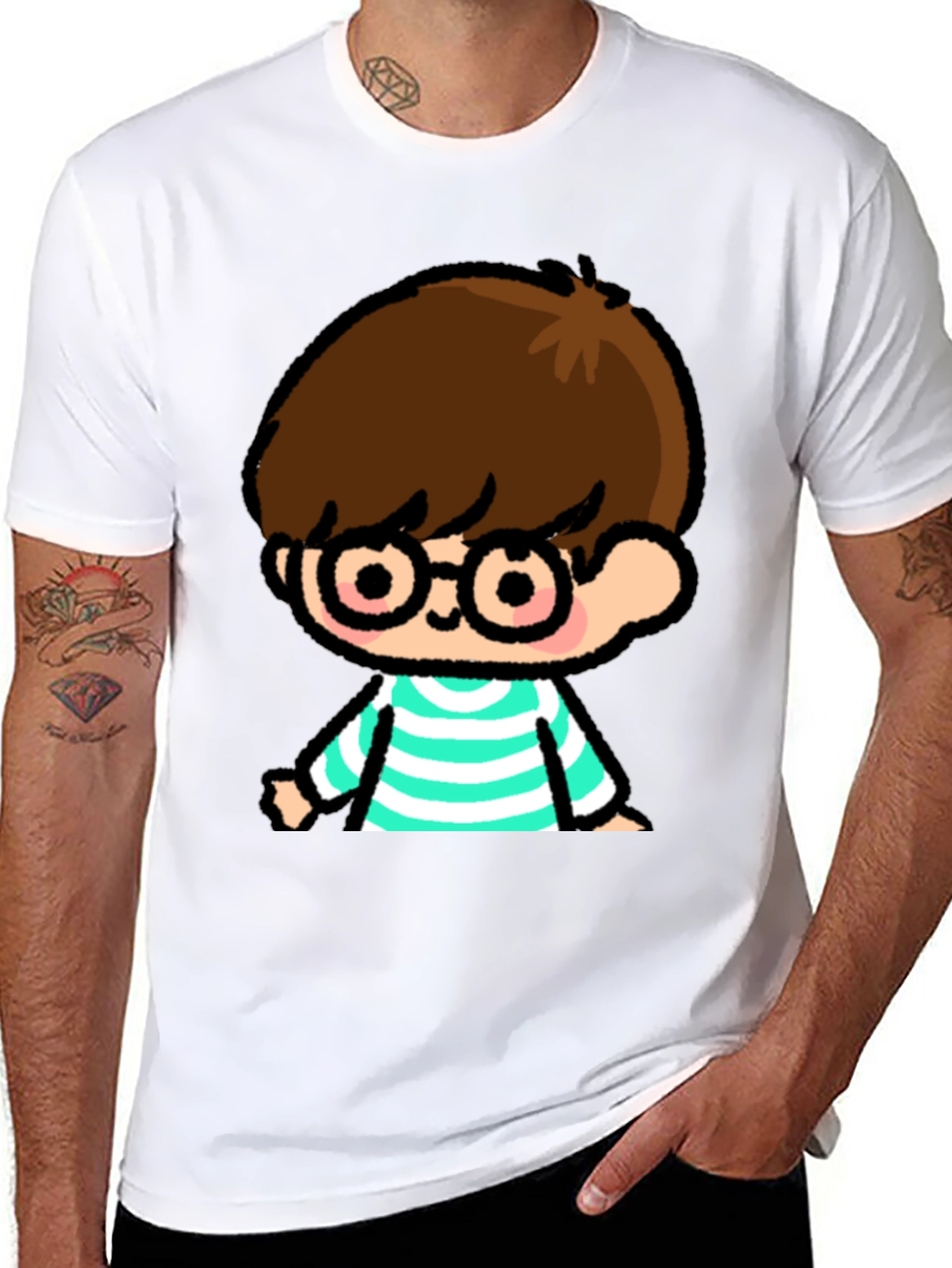 Cartoon Boy Graphic Tee - Casual Black T-Shirt