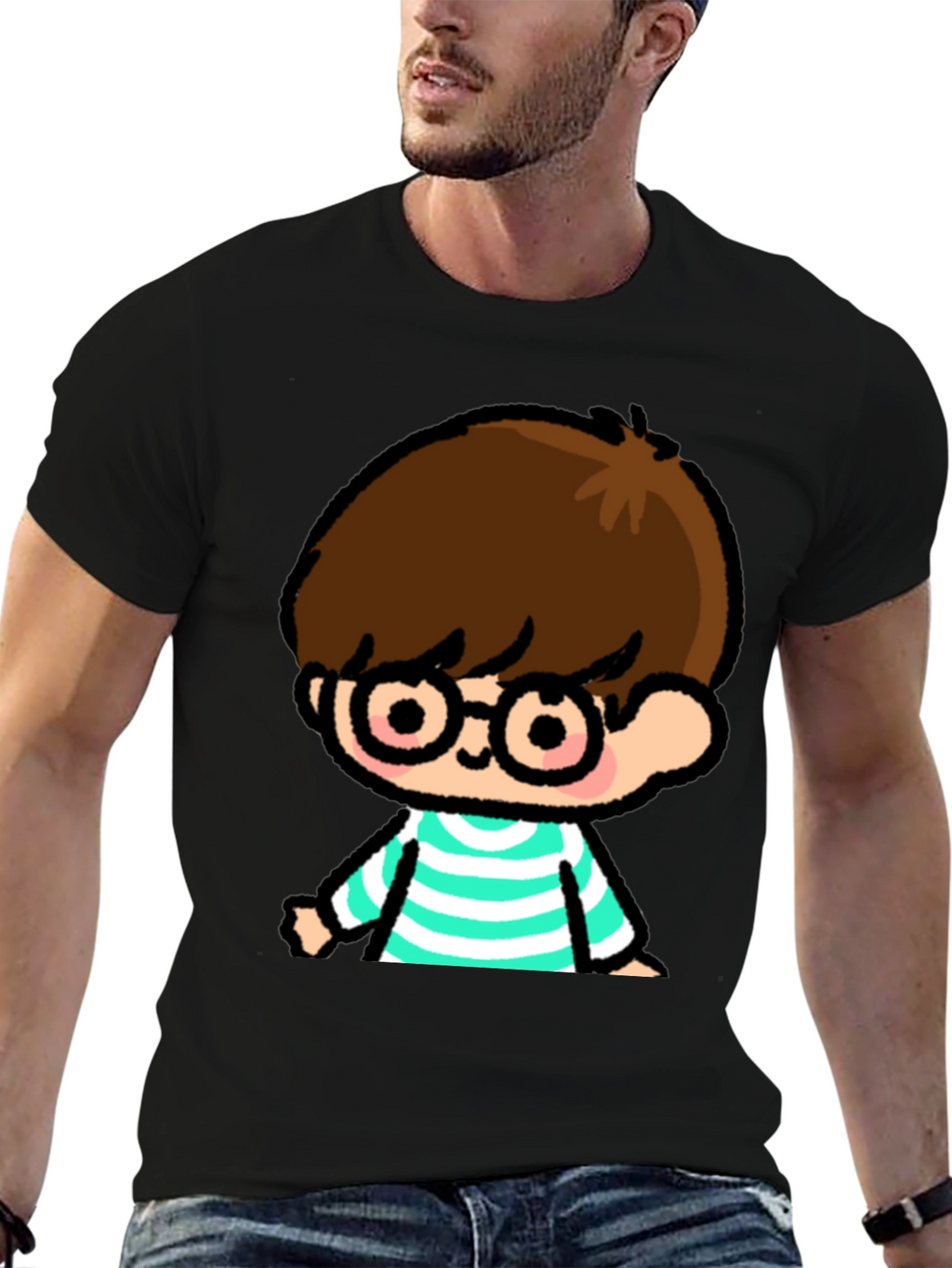 Cartoon Boy Graphic Tee - Casual Black T-Shirt