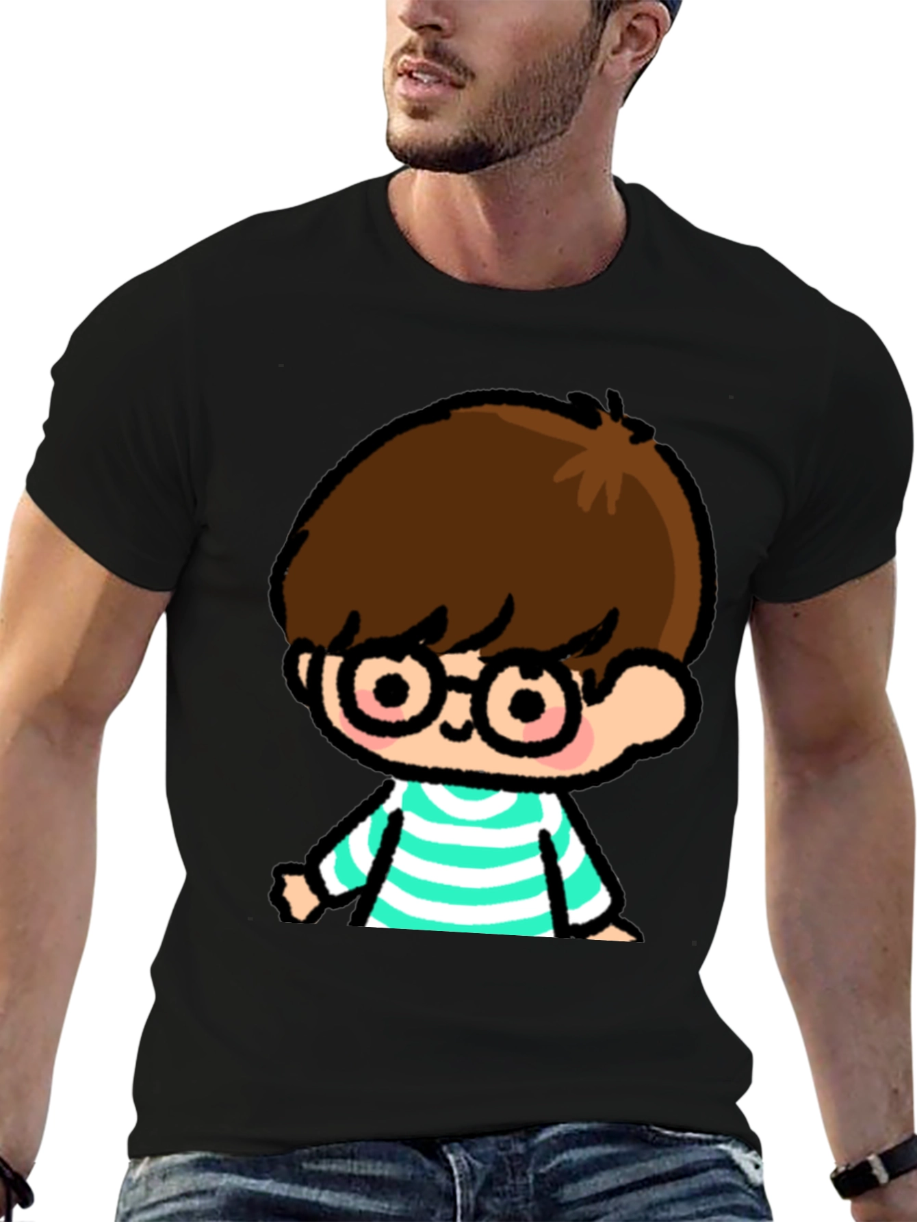 Cartoon Boy Graphic Tee - Casual Black T-Shirt
