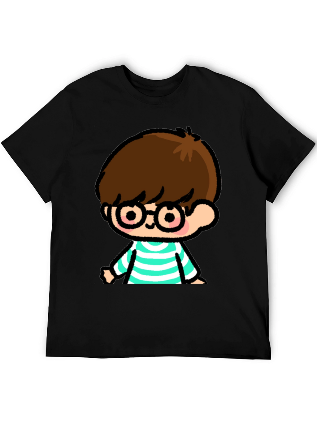 Cartoon Boy Graphic Tee - Casual Black T-Shirt