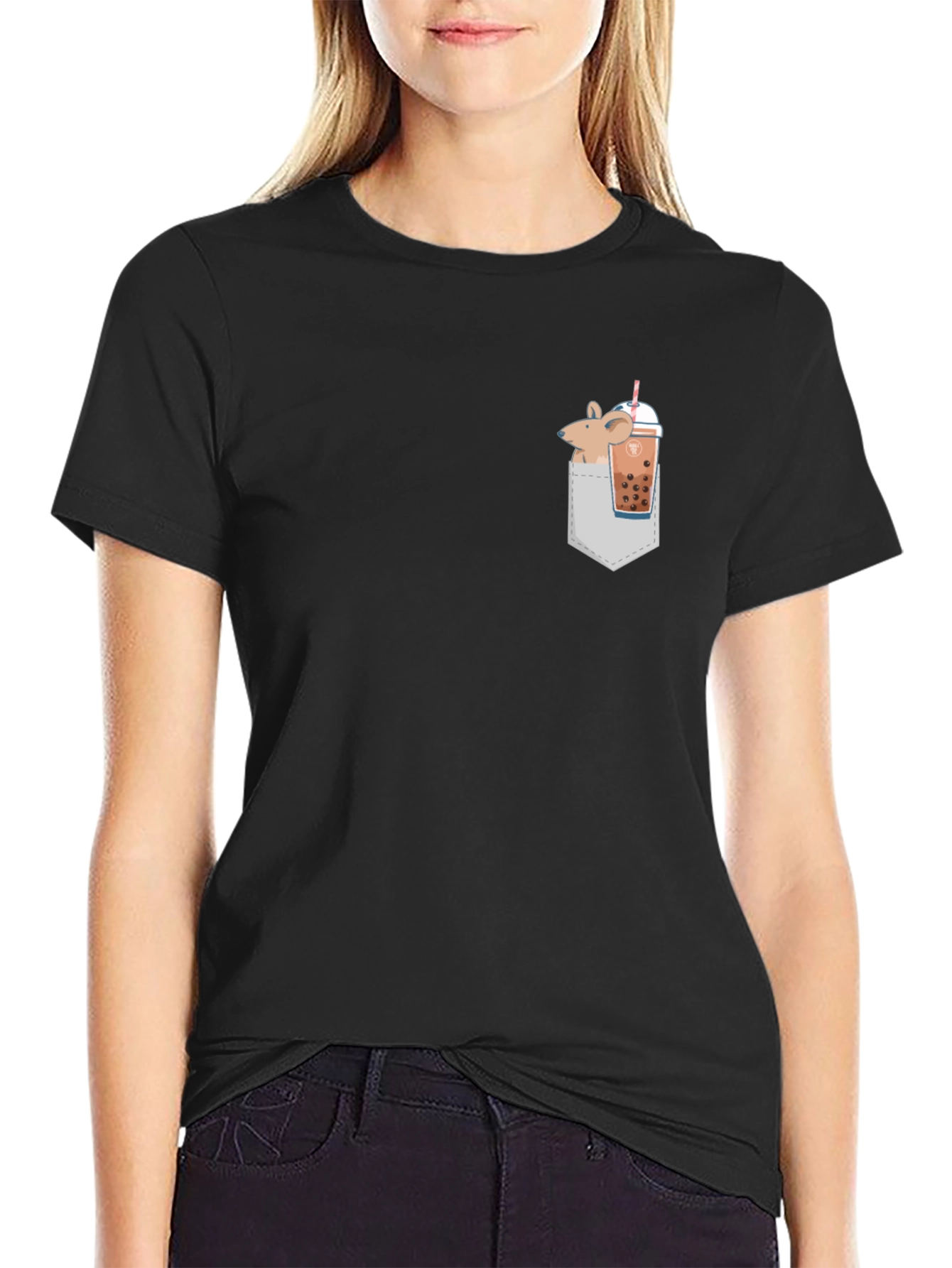 Novelty Mouse & Boba Pocket T-Shirt - Black