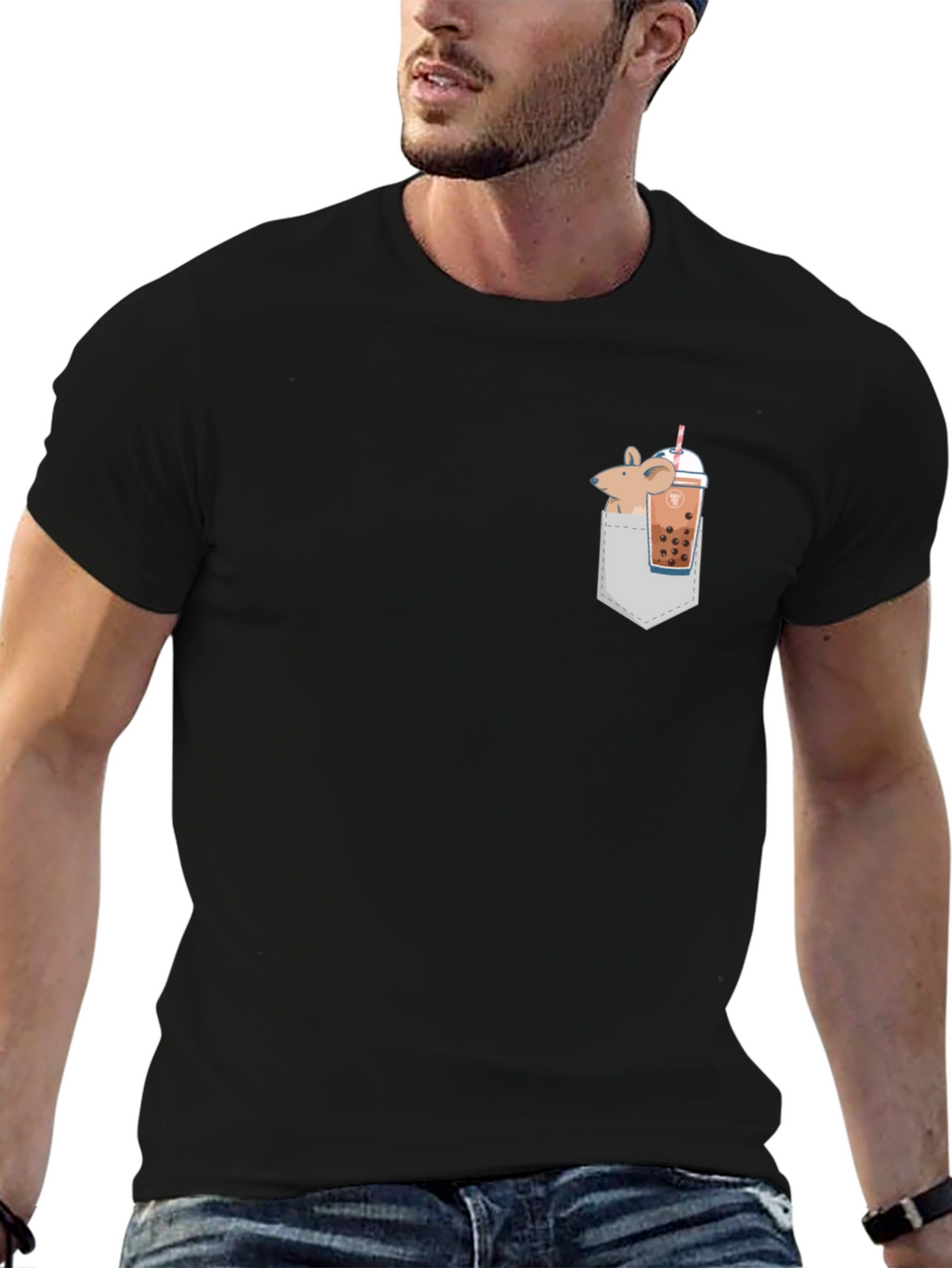 Novelty Mouse & Boba Pocket T-Shirt - Black