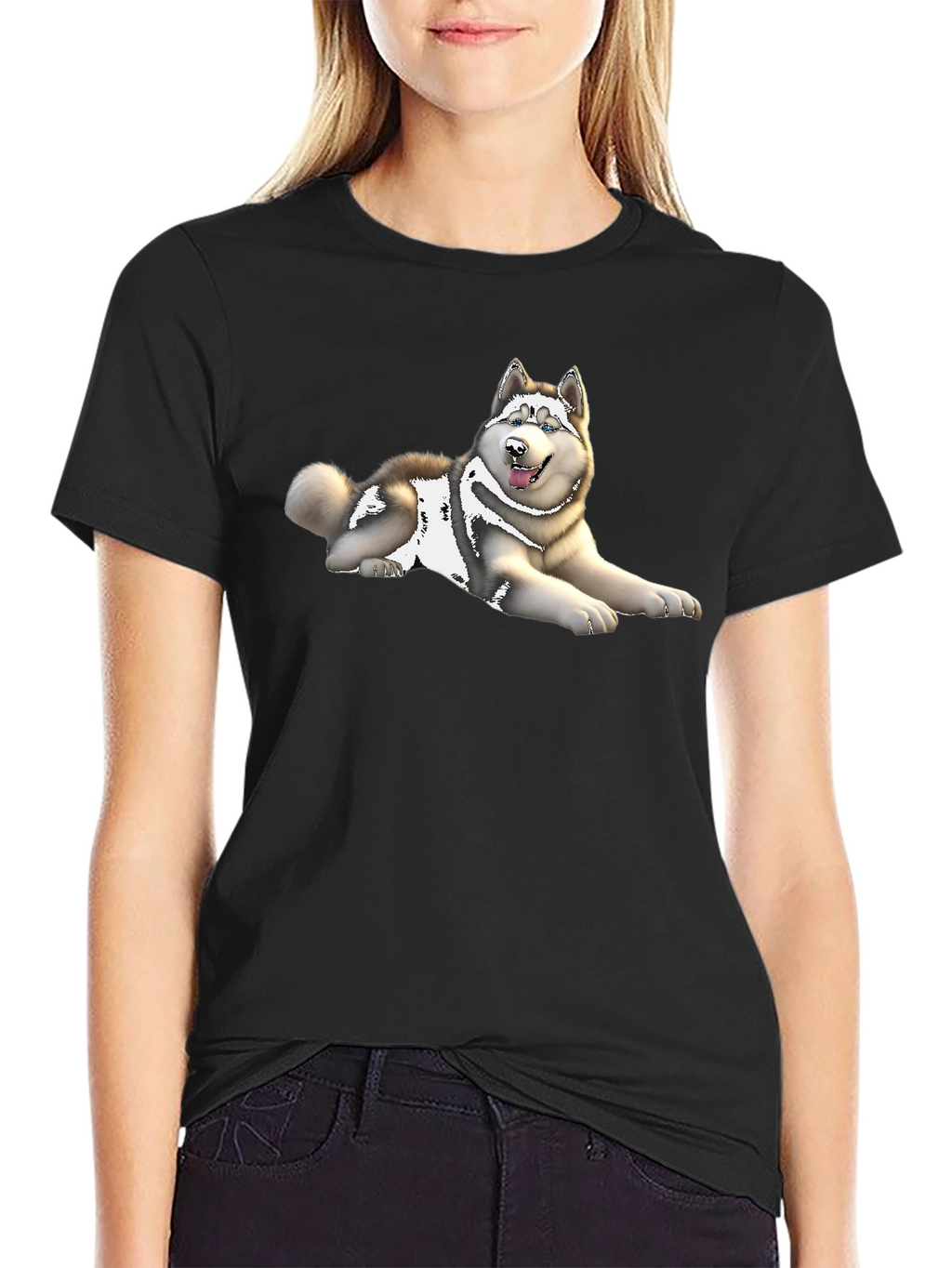 Husky Dog Graphic Print Black T-Shirt