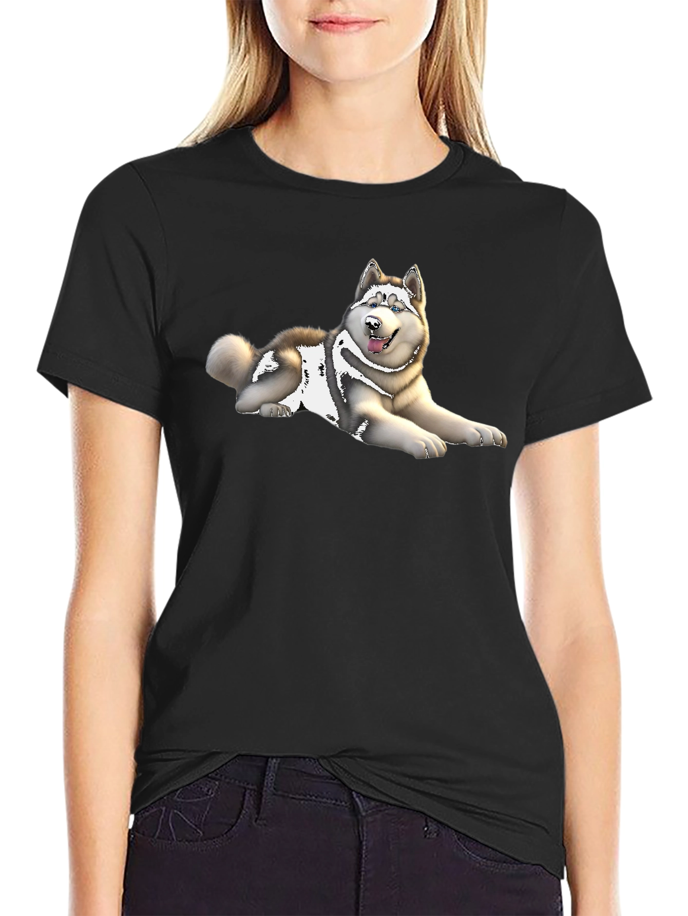 Husky Dog Graphic Print Black T-Shirt