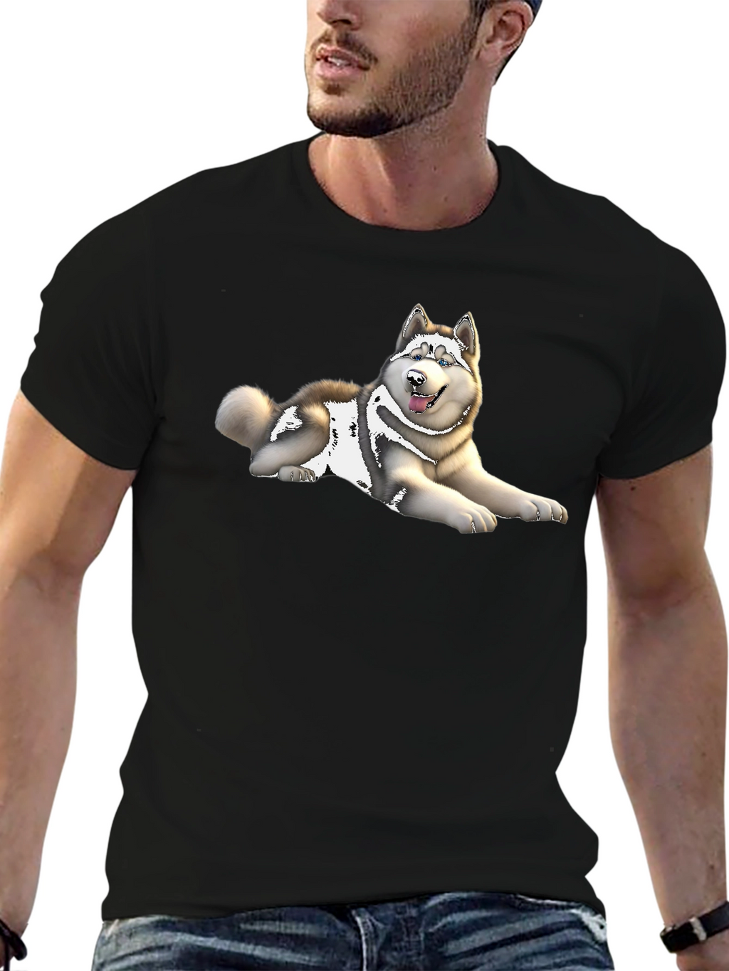 Husky Dog Graphic Print Black T-Shirt
