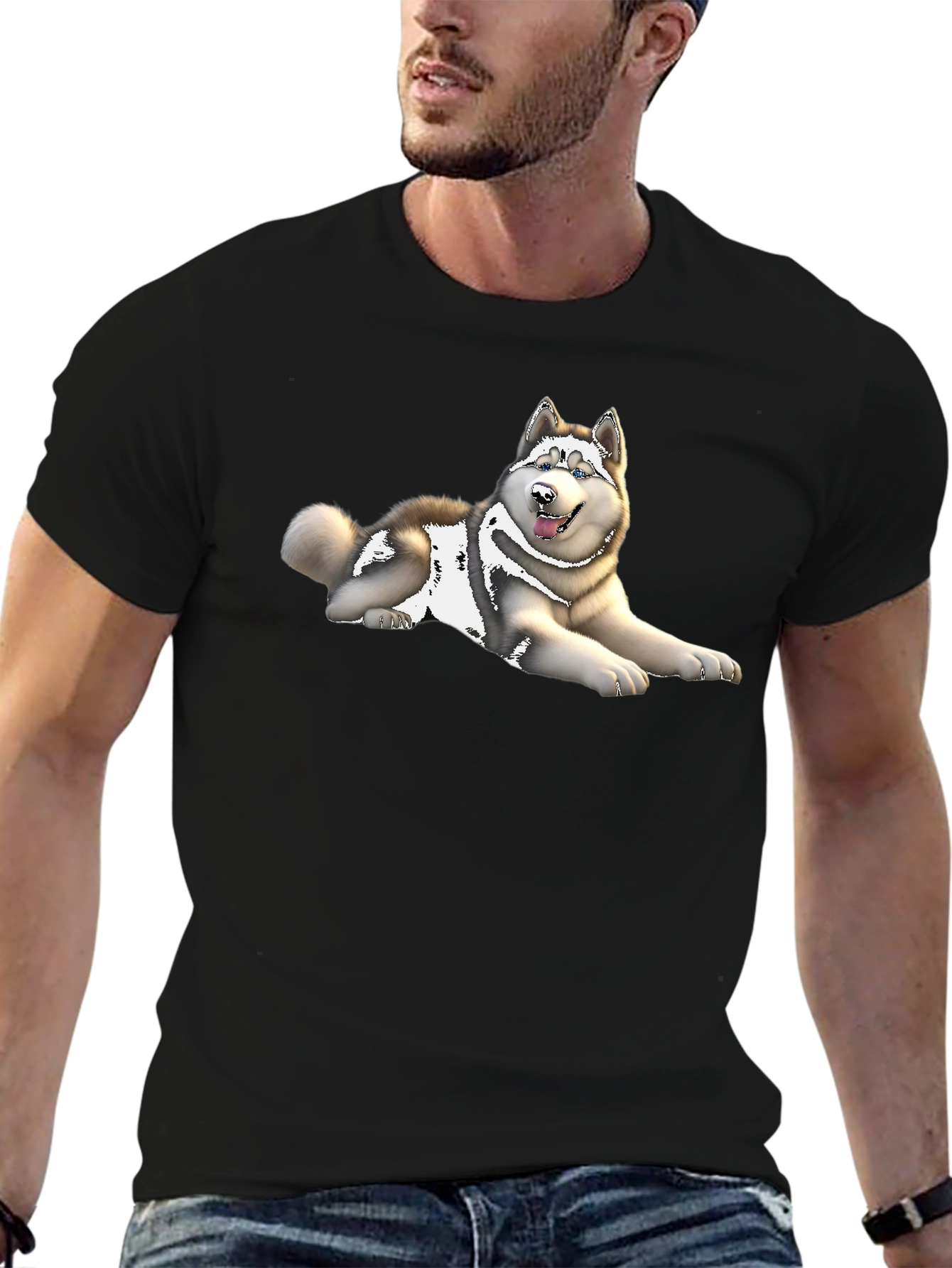 Husky Dog Graphic Print Black T-Shirt