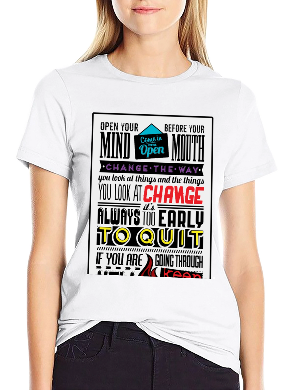 Motivational Graphic Print T-Shirt - Open Mind Positive Vibes