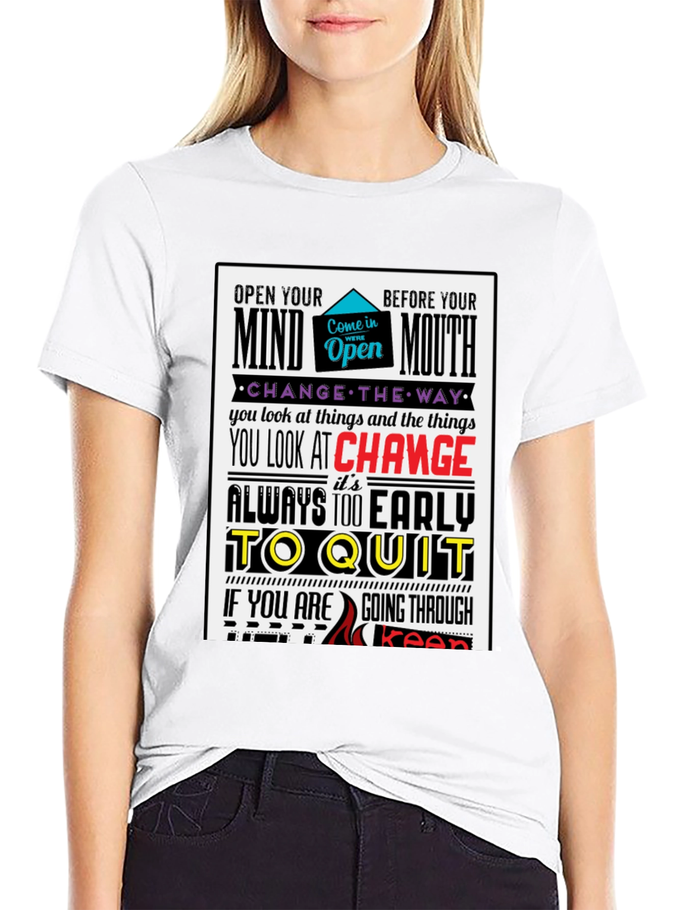 Motivational Graphic Print T-Shirt - Open Mind Positive Vibes