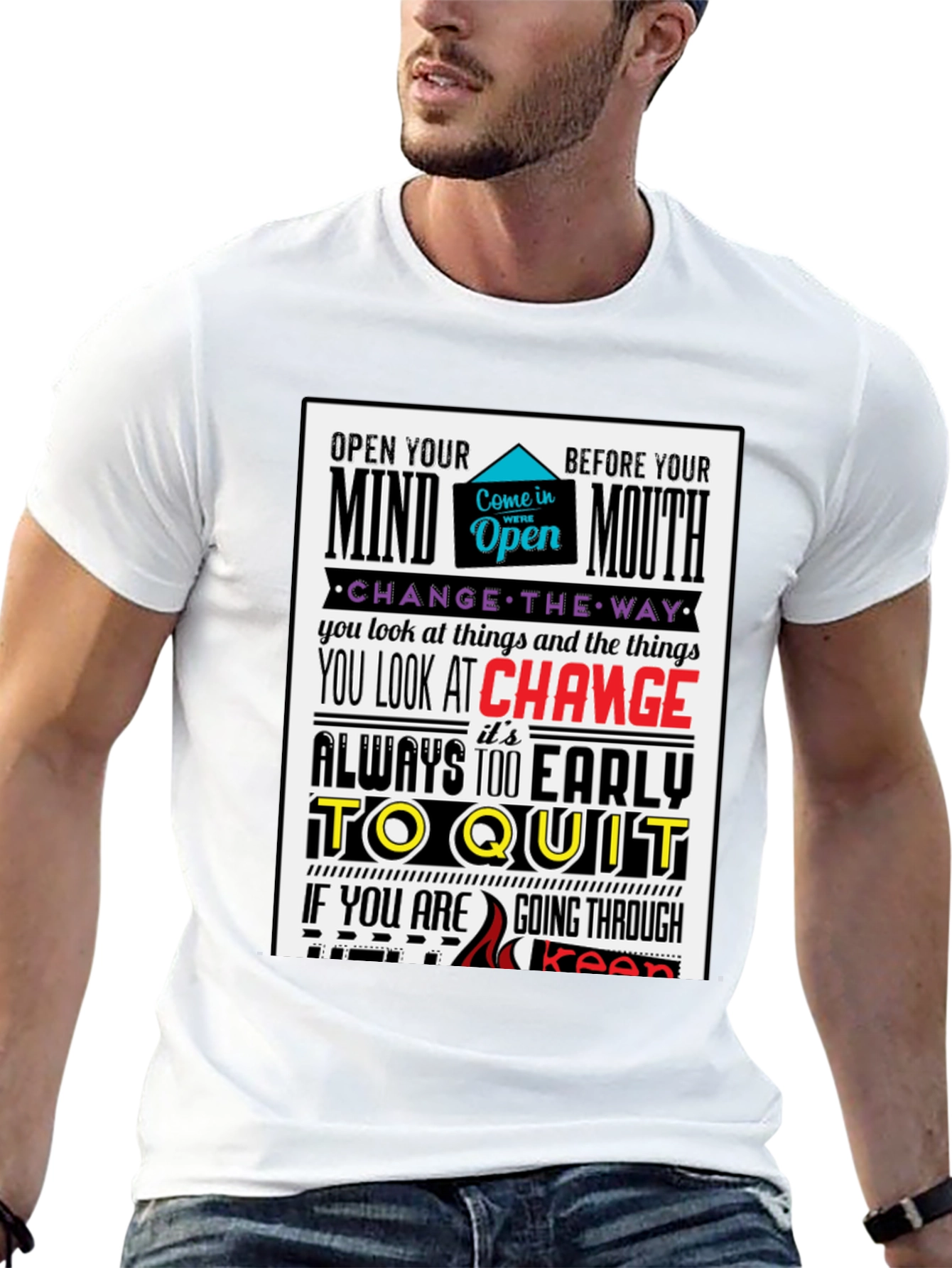 Motivational Graphic Print T-Shirt - Open Mind Positive Vibes
