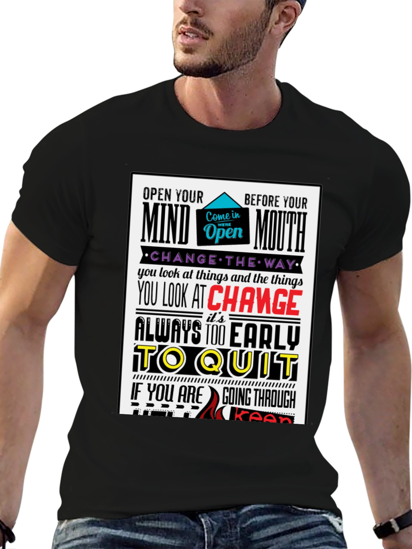 Motivational Graphic Print T-Shirt - Open Mind Positive Vibes
