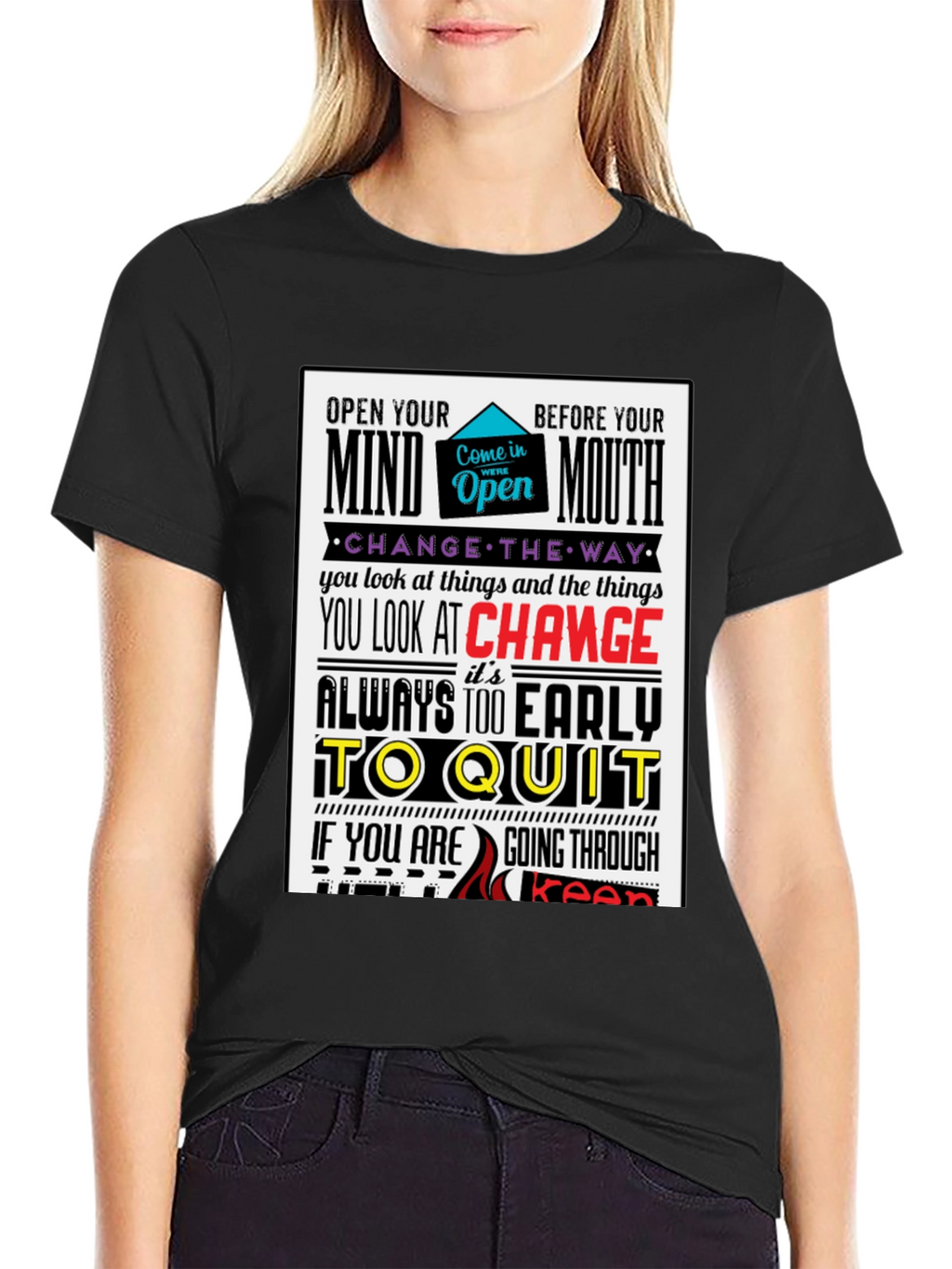 Motivational Graphic Print T-Shirt - Open Mind Positive Vibes