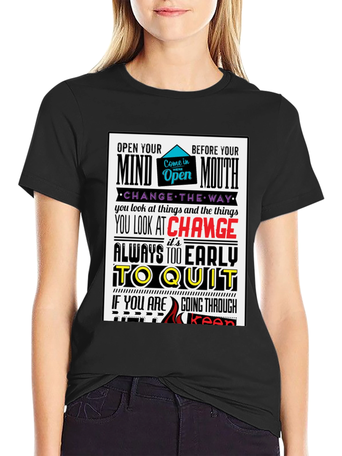 Motivational Graphic Print T-Shirt - Open Mind Positive Vibes