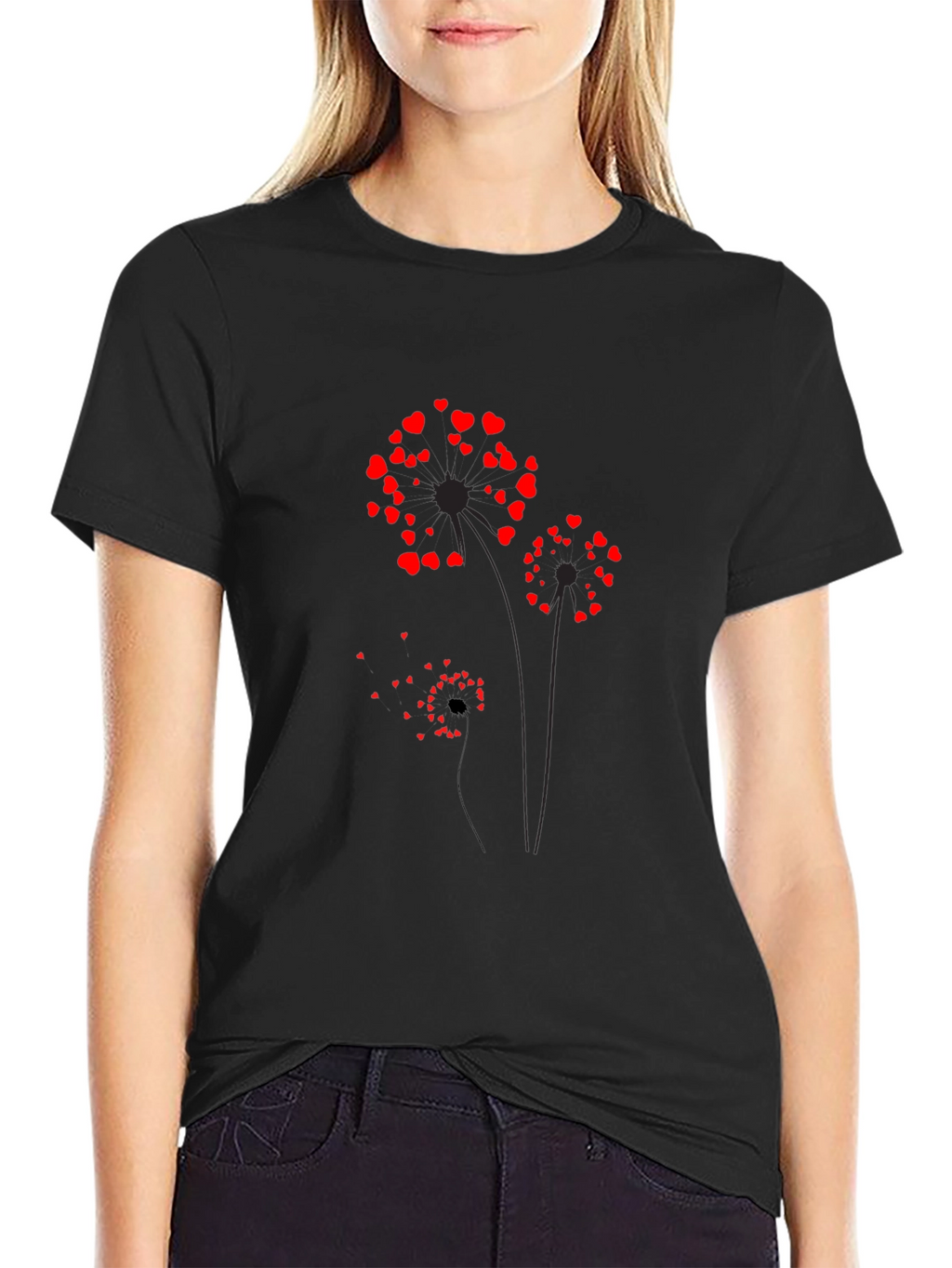Heart Dandelion Graphic Tee - Black Cotton Blend