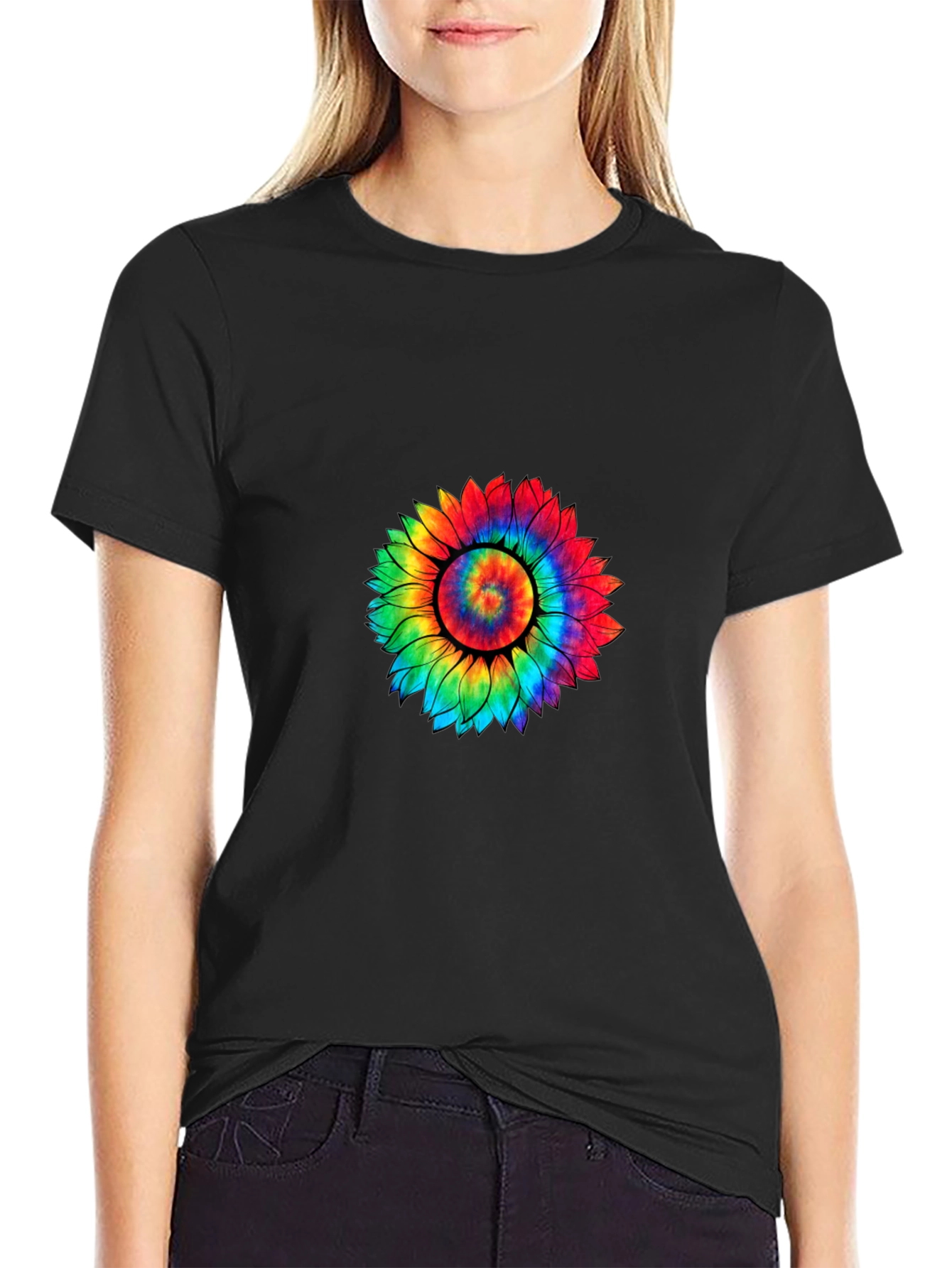 Tie-Dye Sunflower Graphic Tee - Black