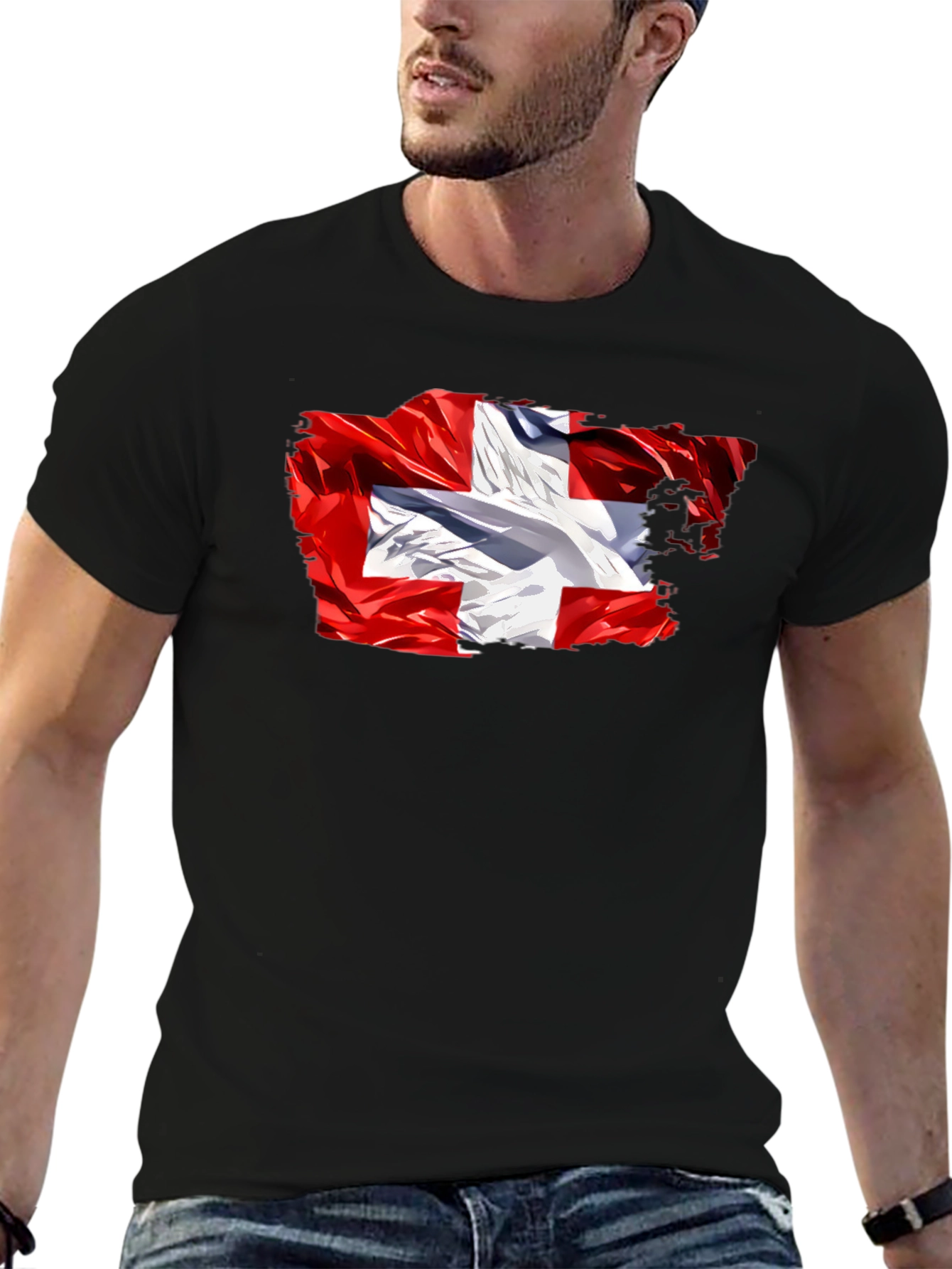Switzerland Flag Graphic Tee - Soft Black Cotton T-Shirt