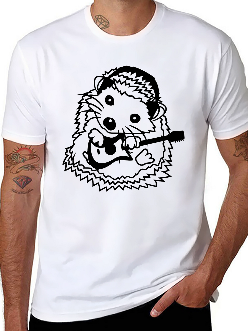 Hedgehog Guitarist T-Shirt - Black Cotton Tee