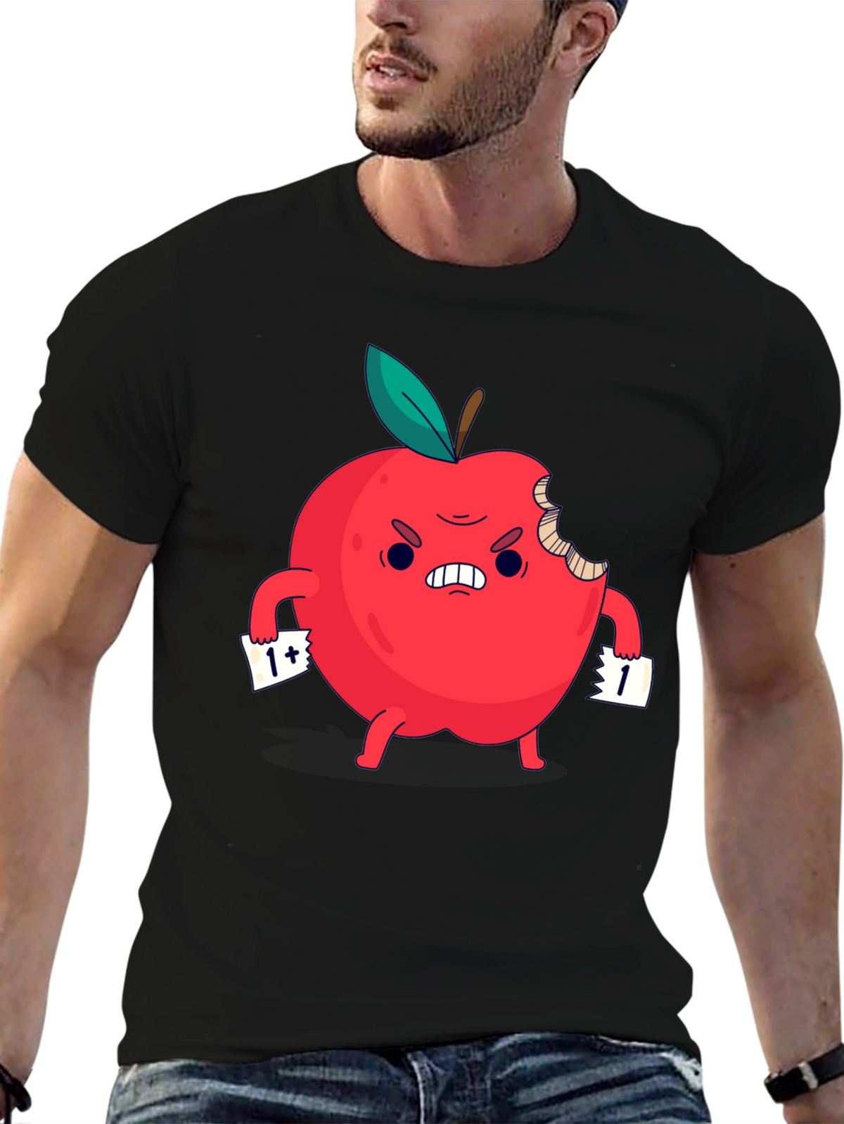 Angry Bitten Apple Cartoon Graphic T-Shirt
