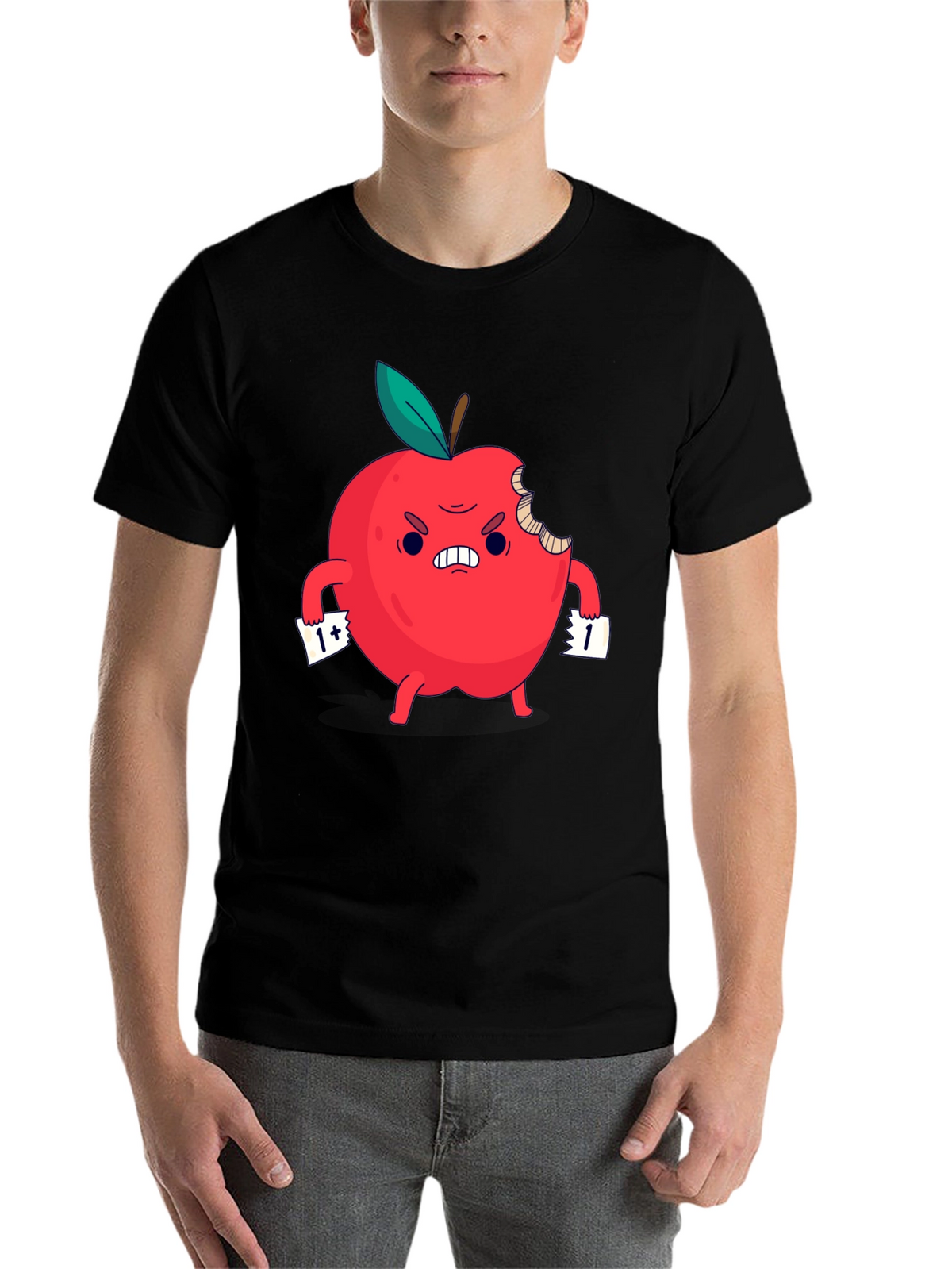 Angry Bitten Apple Cartoon Graphic T-Shirt